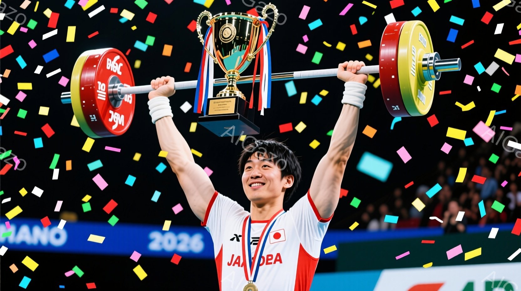 競技者がバーベルを高く掲げ、勝利を喜んでいる様子が写っている。赤い縁取りのある白いユニフォームに日本の国旗が描かれ、短髪で表情は満面の笑みである。背景には観客席が見え、カラフルな紙吹雪が舞い、お祝いの - AI生成フリー素材