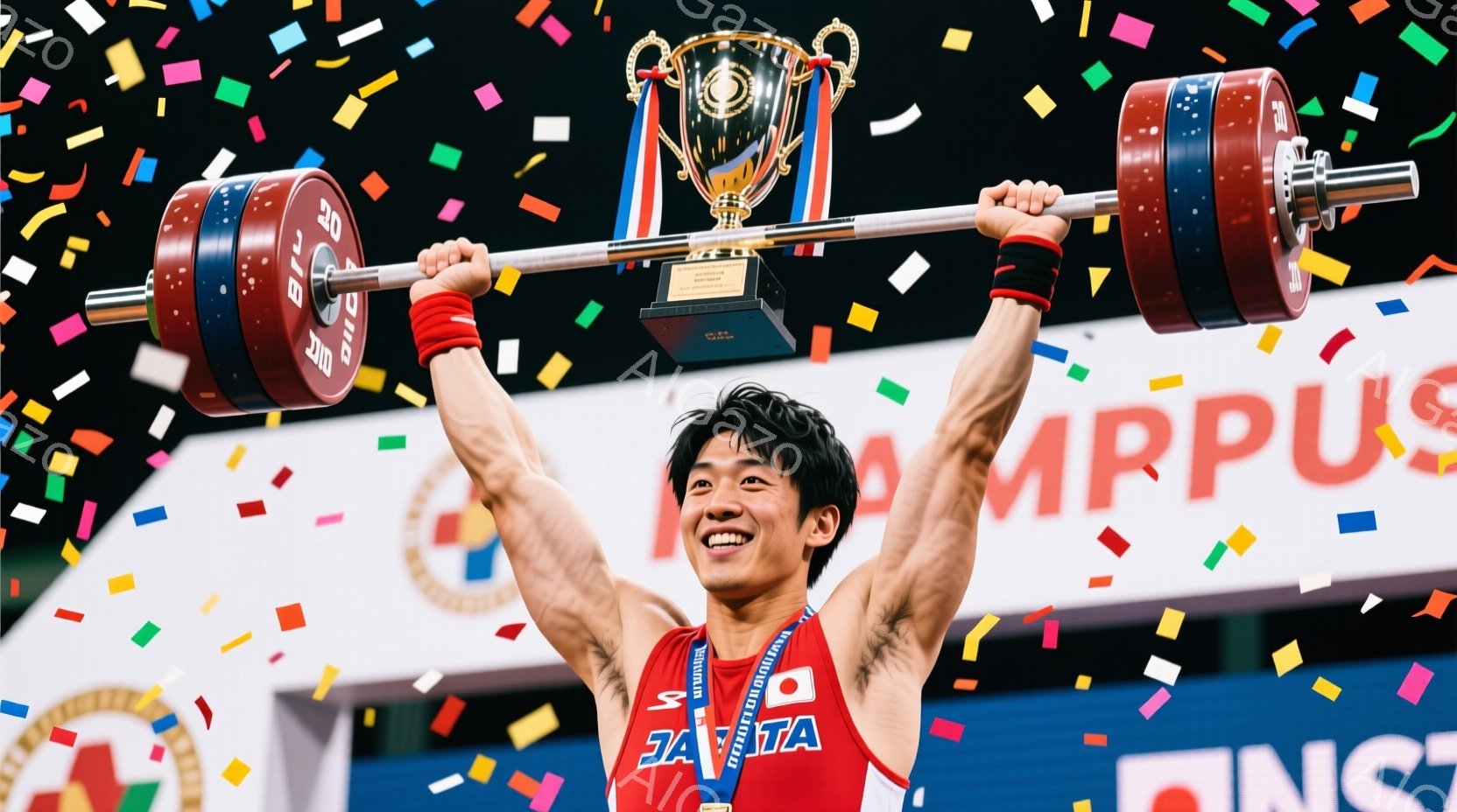 競技者がバーベルを高く掲げ、勝利を喜んでいます。彼は黒いタンクトップとショーツ姿で、髪は短く整えられ、満面の笑みを浮かべています。背景にはカラフルな紙吹雪が舞い上がり、勝利の喜びを盛り上げ、競技場の観客席らしきぼやけが見られます。