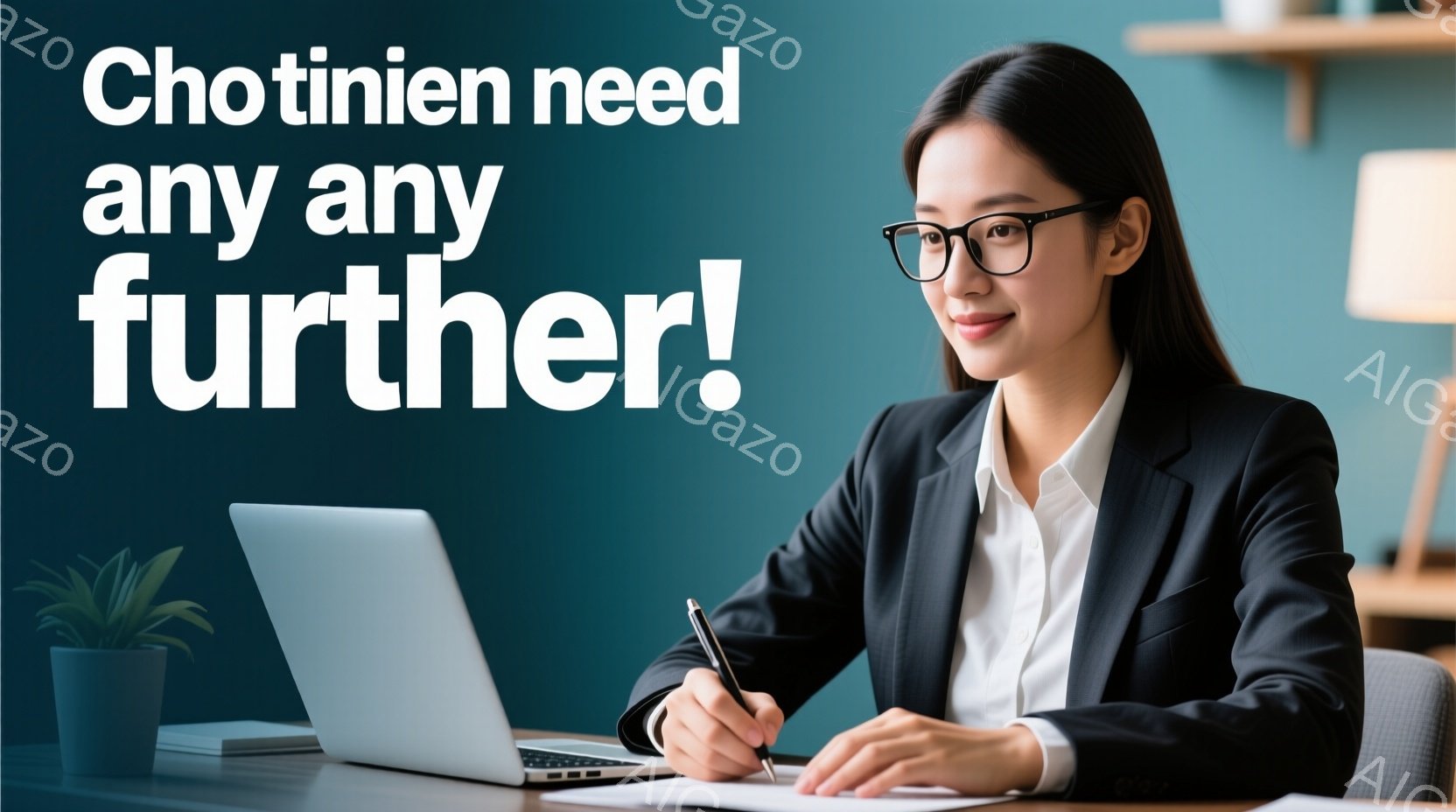 彼女は黒いジャケットと白いシャツを着ており、メガネをかけている。彼女はパソコンに向かい、ペンで書類に署名しているようだ。背景には植物と明るい色の壁があり、全体的にプロフェッショナルで明るい雰囲気である - AI生成フリー素材