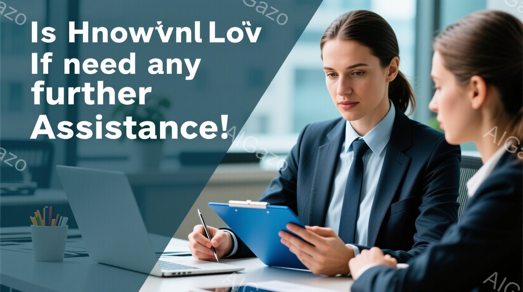 紺色のスーツにネクタイを締めた女性が、クリップボードに何かを書き込んでいます。彼女は真剣な表情で、相手を見ながら姿勢良く座っています。背景にはノートパソコンやペン立てが見え、オフィスの一室であることがわかります。