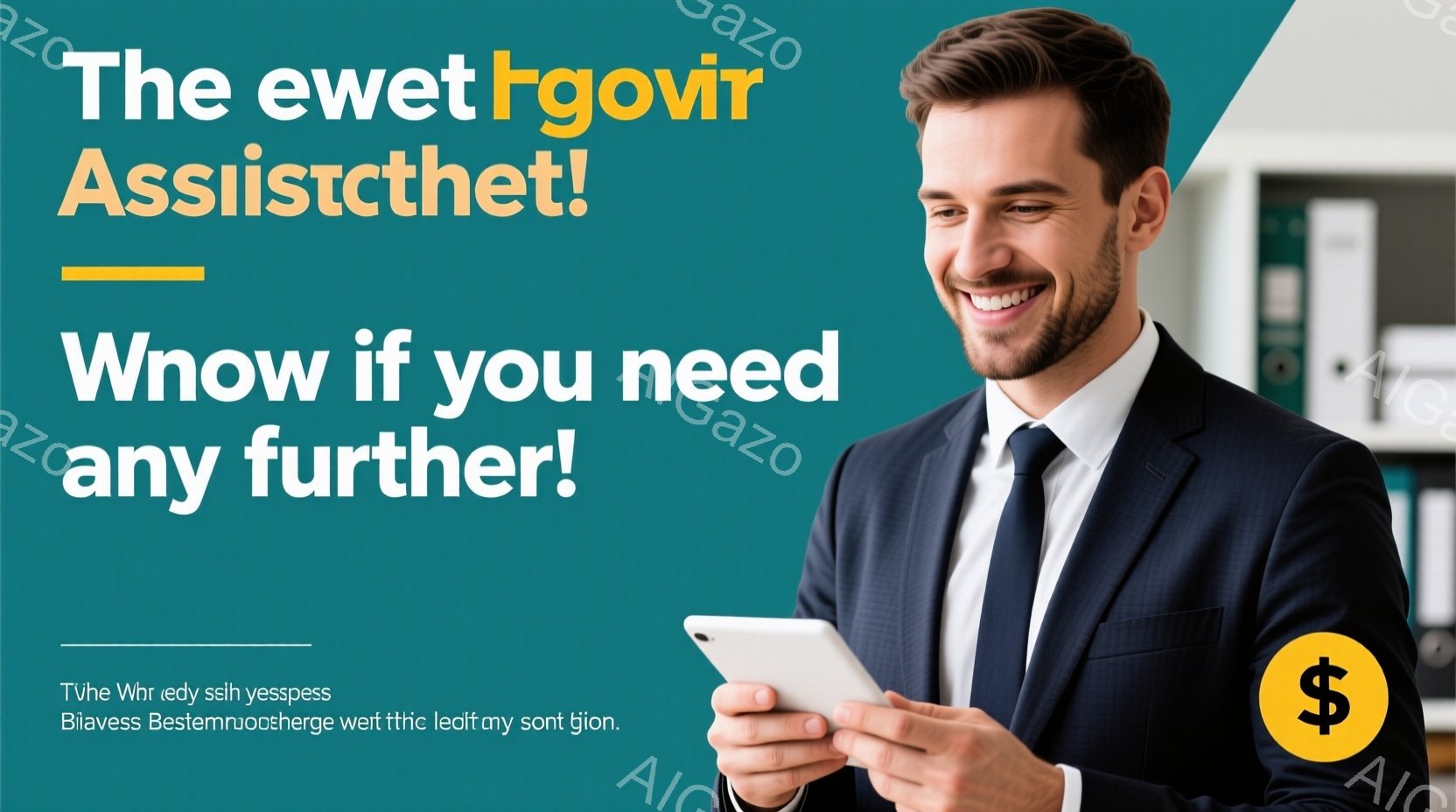 この男性は紺色のスーツを着ており、笑顔でタブレットパソコンを見ています。彼は自信に満ちた表情で、やや斜め前に向かって立っています。背景には本棚や書類がぼやけており、オフィスや書斎のような室内空間であることがわかります。