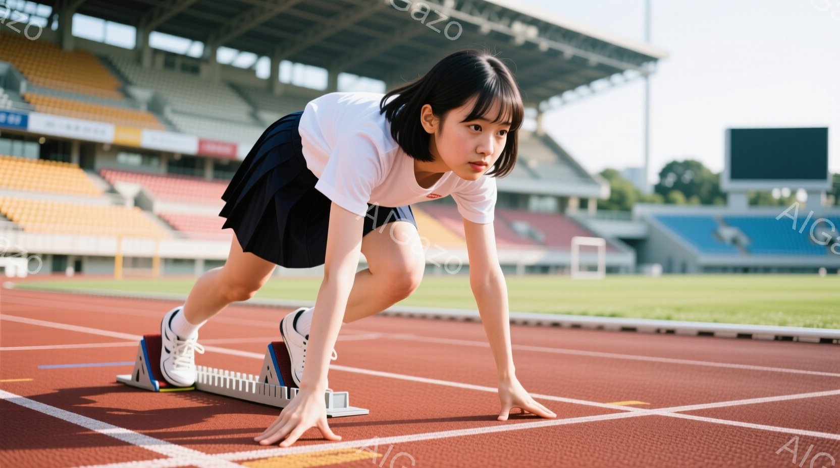 短い前髪とポニーテールを結んだ少女が、トラックのスタートラインに腰を下ろした状態で写っている。白いTシャツと黒いスカート、スニーカーを着用し、集中した表情で前を見据えている。背景には観客席と緑の芝生、 - AI生成フリー素材