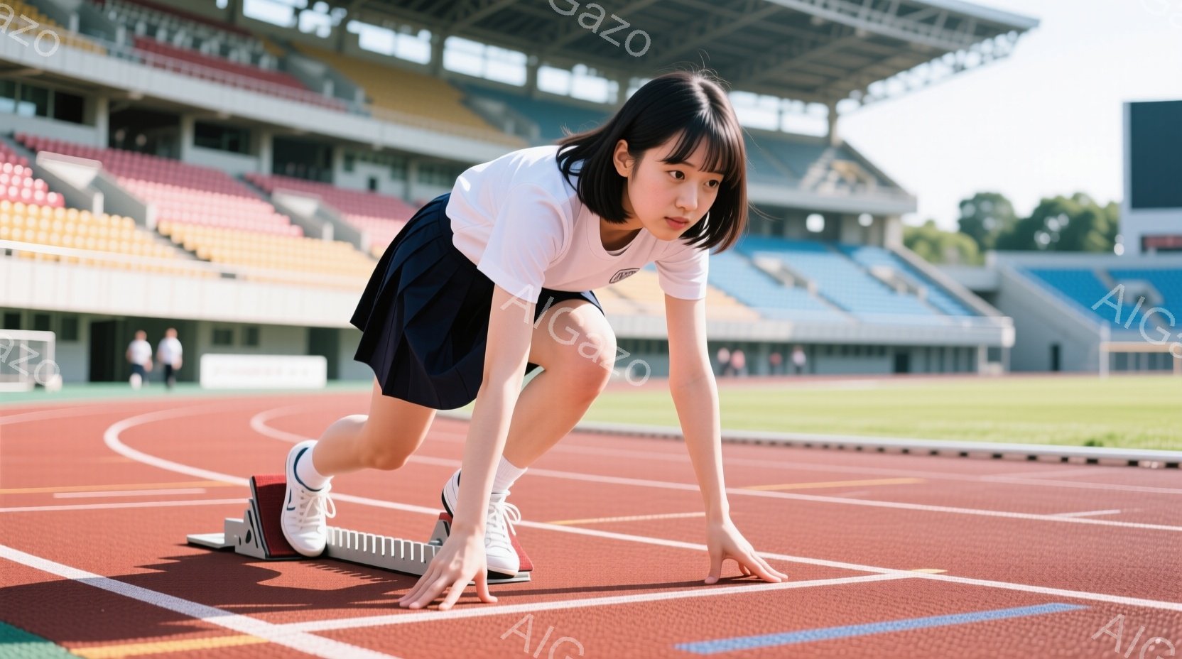 見切り位置に構える女子高生が写っている。白い半袖シャツと黒いプリーツスカート、白いソックスとスニーカーを着用し、前髪を少しだけ上げたショートヘアで、集中した表情をしている。背景には観客席と緑の芝生、晴 - AI生成フリー素材