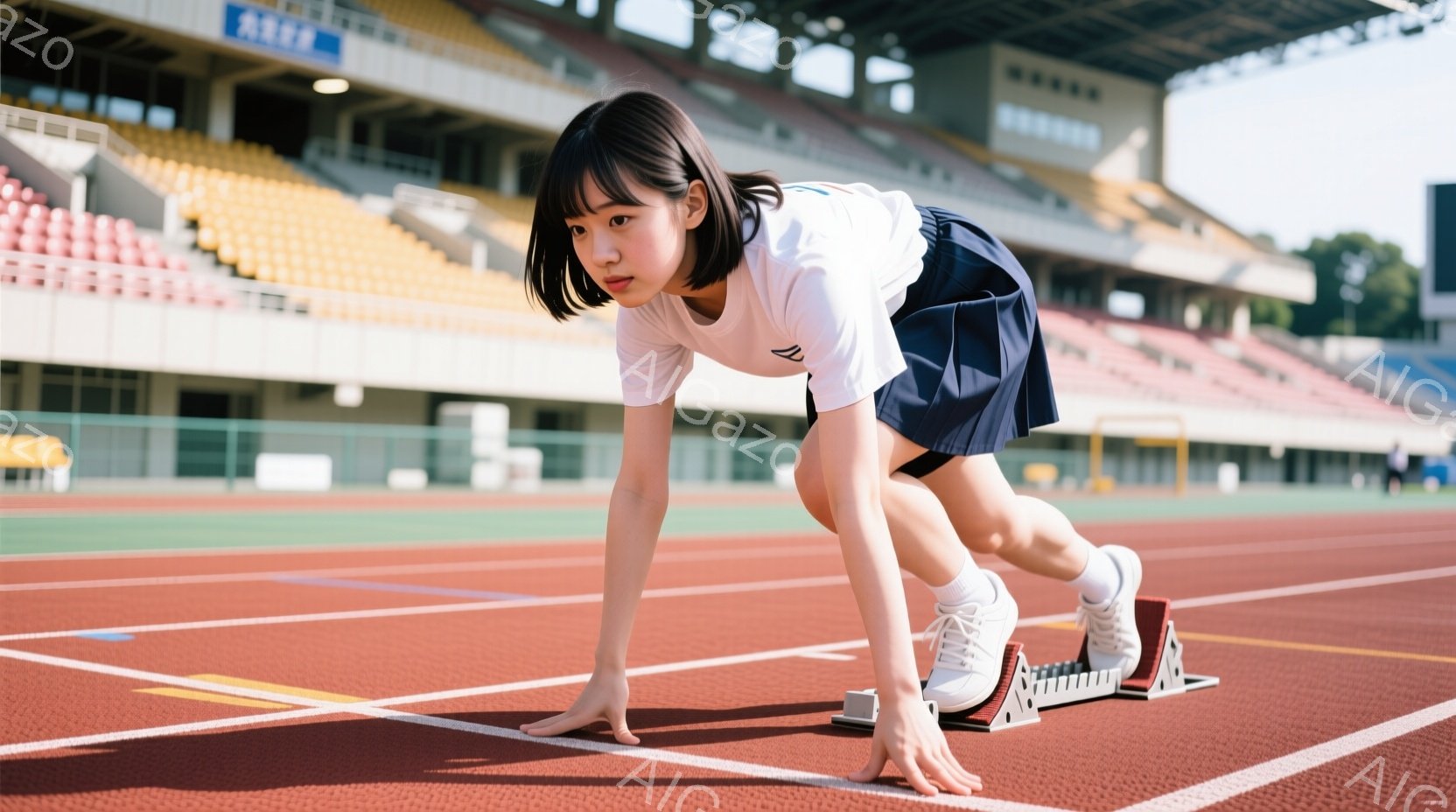 赤いトラックの上に、スタートポジションをとった女子高生が写っている。白い半袖シャツと紺色のスカート、白いソックスとスニーカーを身に着け、髪は前髪を下ろしたショートボブである。背景には観客席が見え、晴天の下、競技場全体が明るく照らされている。