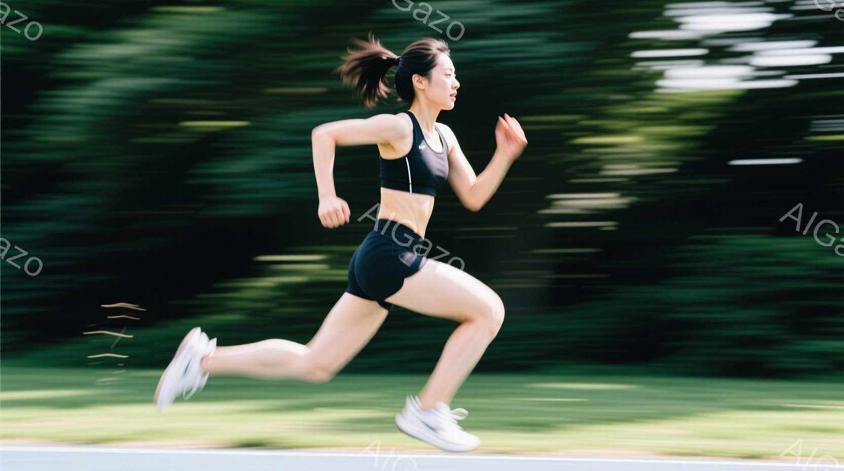 黒いスポーツブラとショートパンツを着用した女性が、屋外の道路を走っている姿が捉えられています。彼女は髪をポニーテールにし、走ることに集中しているようで、表情ははっきりと見えません。背景には緑豊かな木々 - AI生成フリー素材