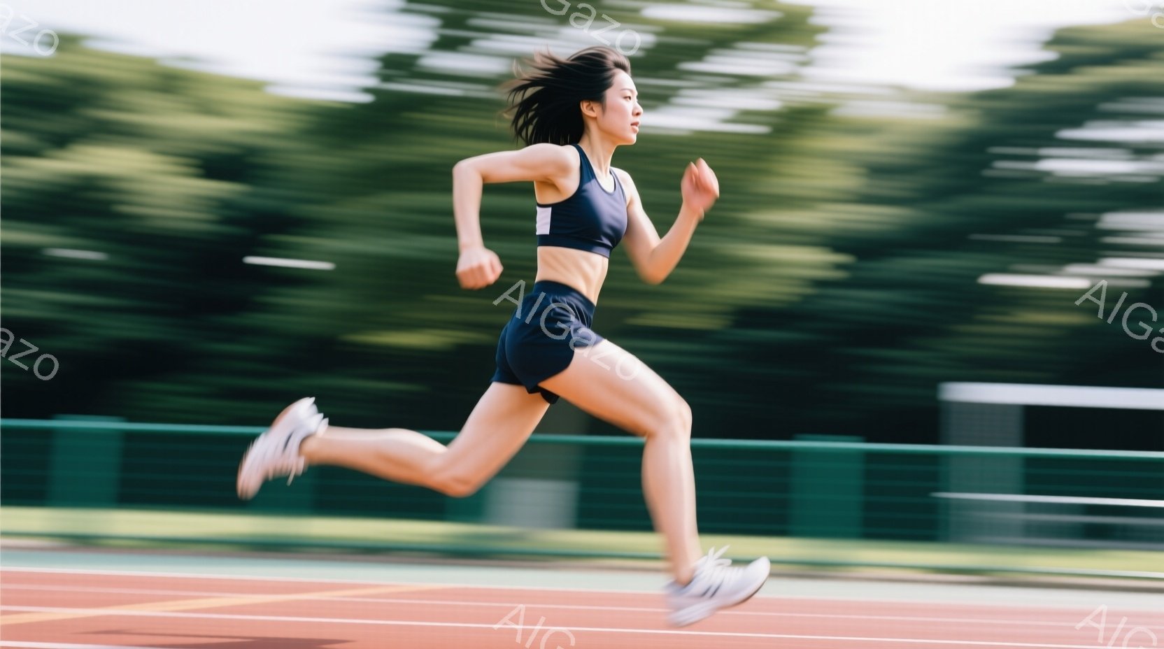 競技場を疾走する女性アスリートが写っている。彼女は黒のスポーツブラと短パンを着用し、髪は後ろでまとめている。背景には緑豊かな木々が見え、天候は晴れで、競技場全体が活気に満ちた雰囲気を醸し出している。 - AI生成フリー素材