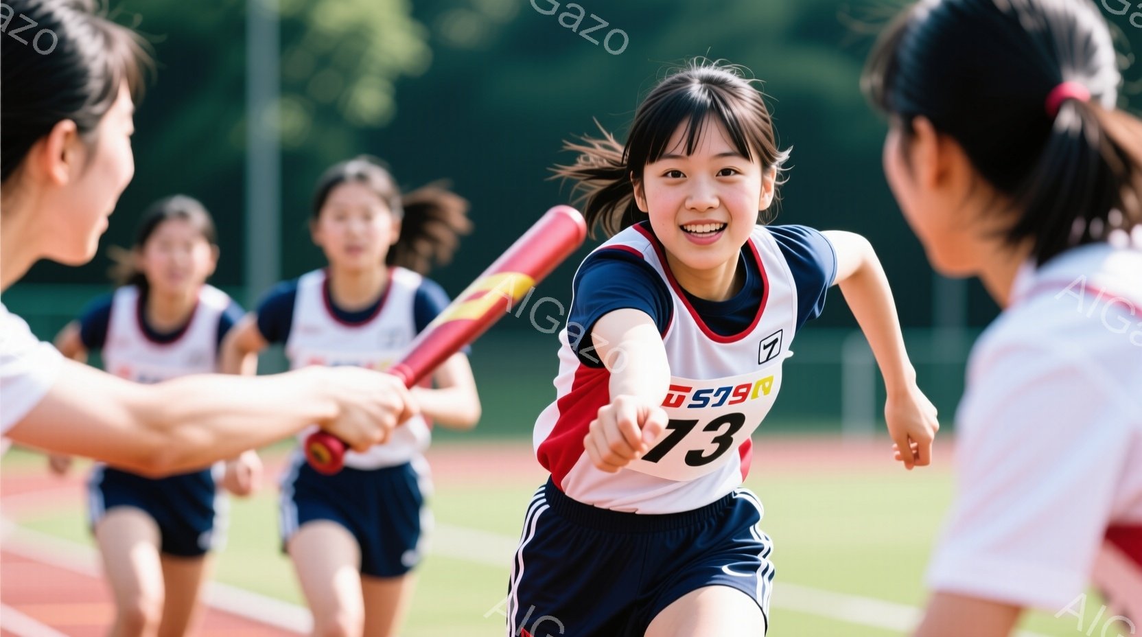 制服を着た若い女性が、競技場のフィニッシュラインを突破した瞬間に写っている。彼女は両手を高く上げ、満面の笑みを浮かべ、喜びを表現している。背景には緑の芝生、トラック、そして遠くに見える観客席があり、晴れた日差しが差し込む、活気に満ちたスポーツの場面が描かれている。