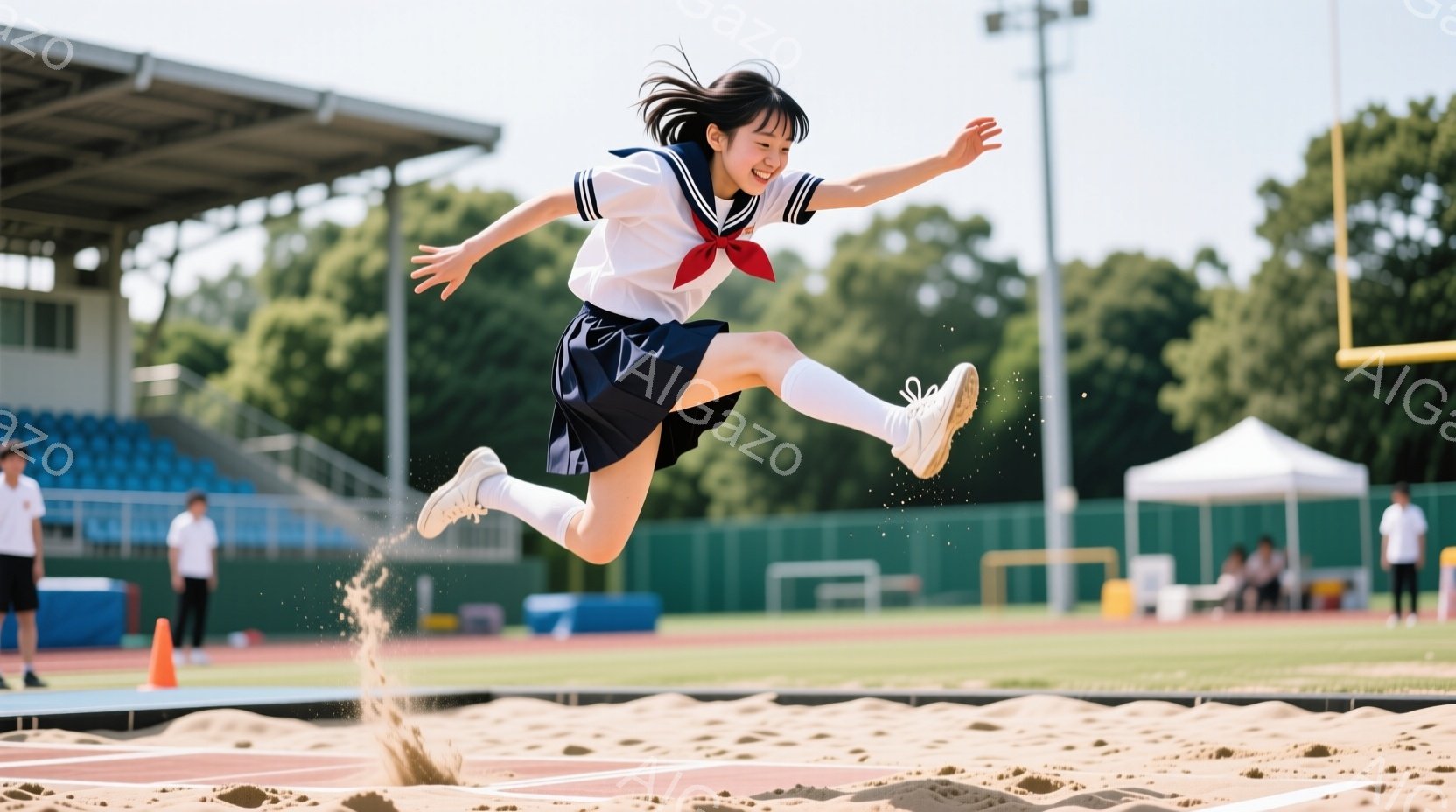 運動場で陸上競技をしている女子高生が写っています。紺色のスカートと白いブラウス、赤いリボンで整然とした制服を着ており、空中で両脚を伸ばして高く跳躍しています。背景には観客席と緑豊かな木々が見え、晴天の下で活気に満ちた競技の様子が伝わってきます。