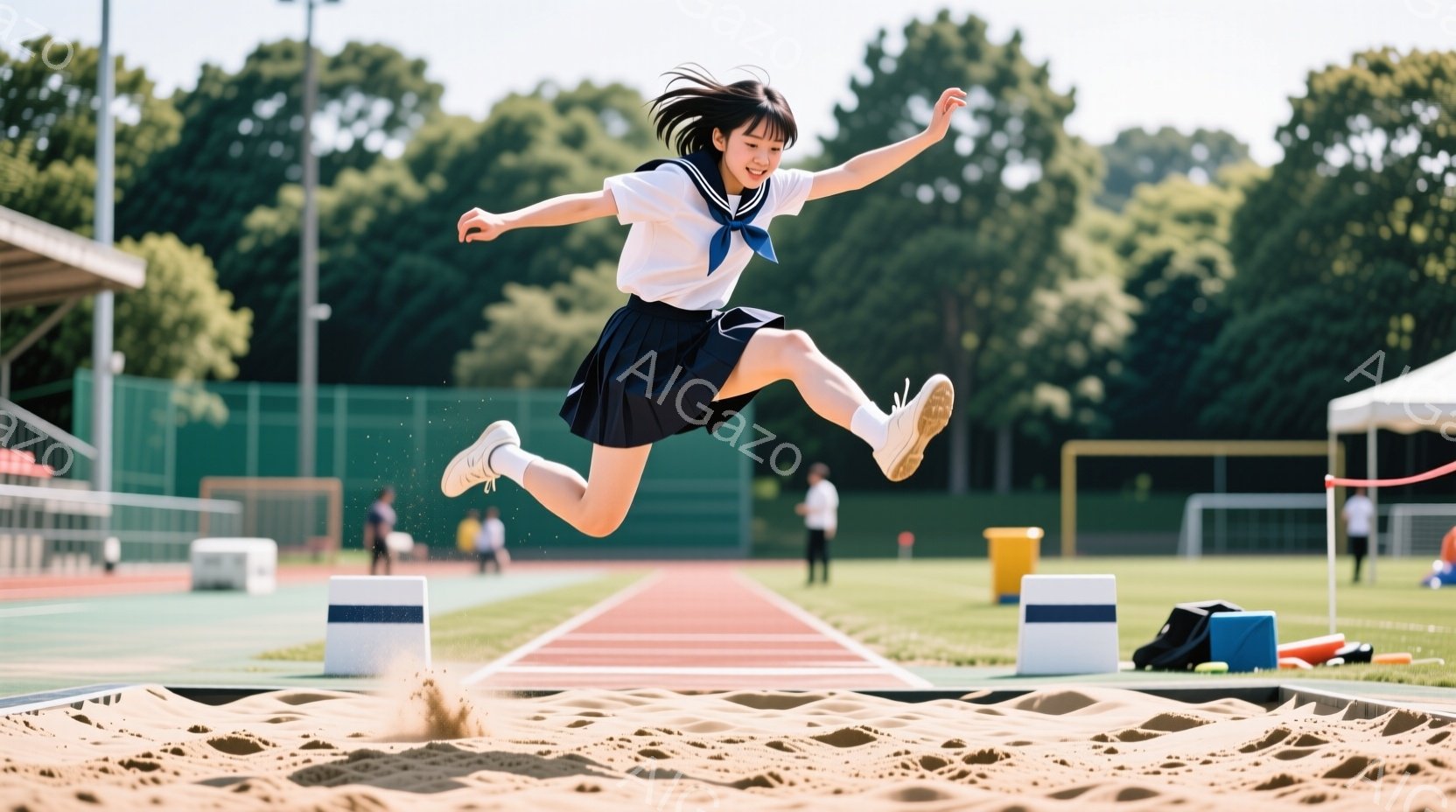 青いトラックの上で、女子高生が走り高跳びの瞬間を捉えられています。白いブラウスに紺色のスカート、そしてリボンが特徴的な制服を着ており、空中で足を高く上げています。背景には緑の芝生と木々、そして青空が広がり、晴れた日のスポーツイベントの活気ある雰囲気が伝わってきます。