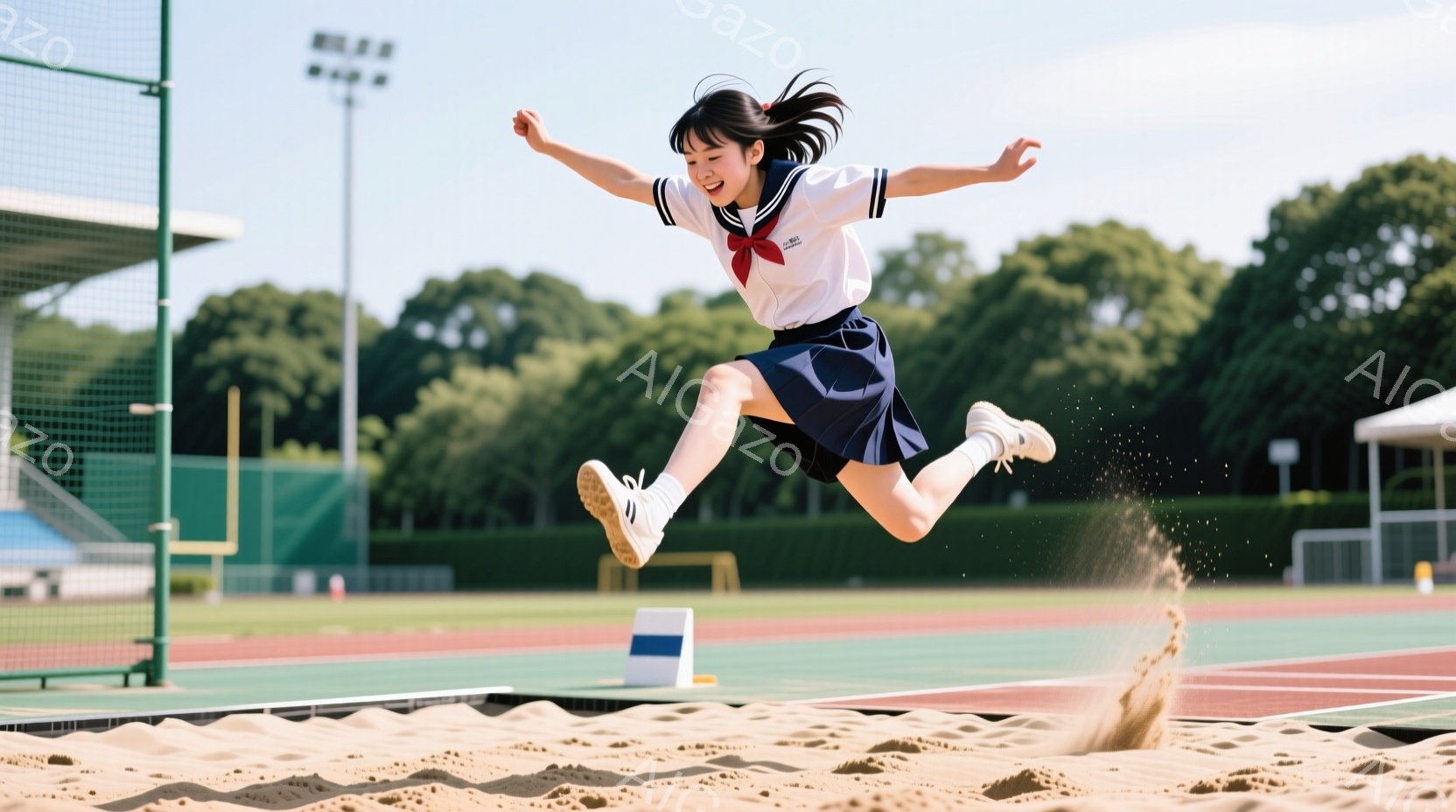 制服姿の女子生徒が、陸上競技場の砂場を飛び越えている。彼女は紺色のスカートと白いブラウスを着用し、髪をポニーテールにしている。背景には緑豊かな木々と青空、そして競技場の観客席が見え、明るく活気のある雰 - AI生成フリー素材