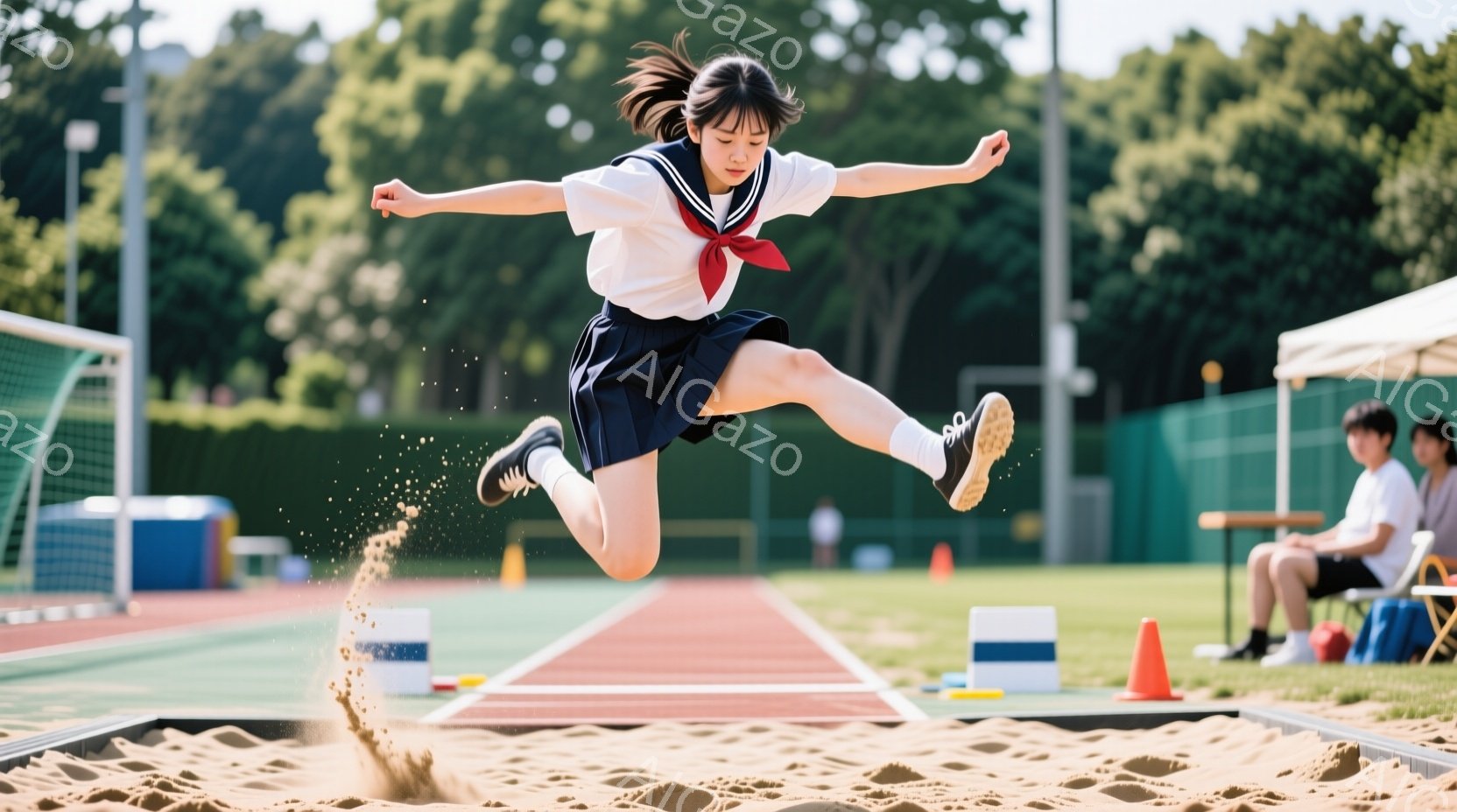 制服姿の女子高生が、砂場を飛び越える長跳びの瞬間を捉えた写真です。彼女は紺色のスカートと白いブラウスを着用し、髪を後ろで結んでいます。背景にはトラック、ネット、そして木々が見え、晴れた日の運動会の雰囲気が伝わってきます。