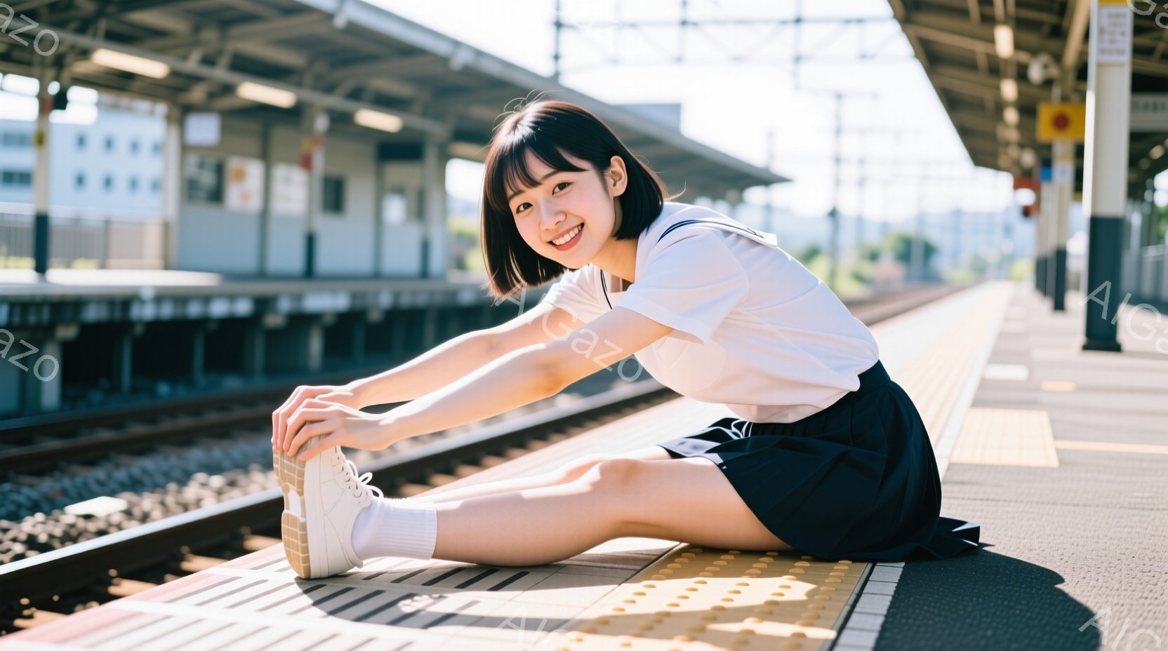 少女は駅のホームに座り、片足を伸ばしてストレッチをしている。白いシャツに黒いスカート、白いソックスとスニーカーを履き、明るい笑顔を見せている。背景には線路と建物が見え、晴れた空の下、爽やかな印象を与える写真である。