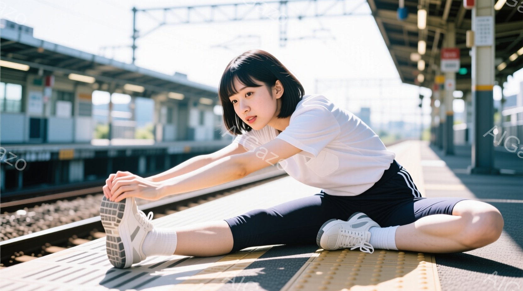 ショートカットの女性が、駅のプラットホームでストレッチをしている。白いTシャツに黒のレギンス、スニーカーを履いており、リラックスした表情で片足を伸ばしている。背景には鉄道線路やホームの安全線が写り、晴れた空の下、穏やかな雰囲気が漂っている。