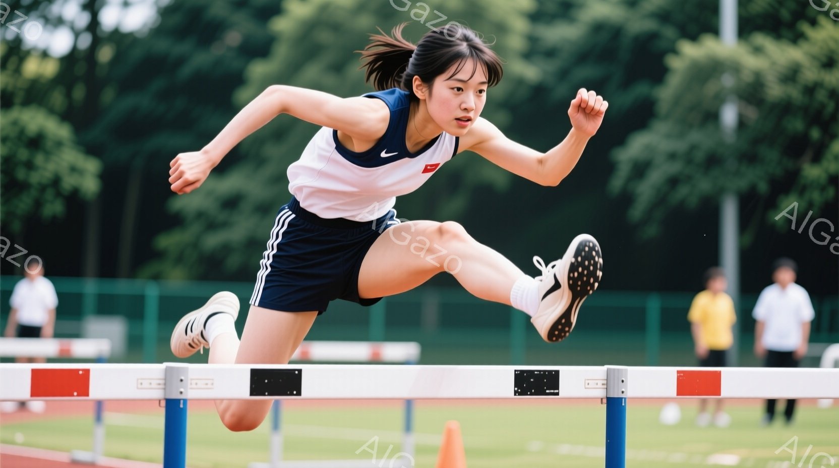 黒いヘアーバンドで髪をまとめた若い女性が、ハードルを飛び越える瞬間を捉えた写真です。彼女は白と紺のトラックアンドフィールドウェアを着用し、力強く前進しています。背景には緑豊かな木々とトラック、そして他 - AI生成フリー素材