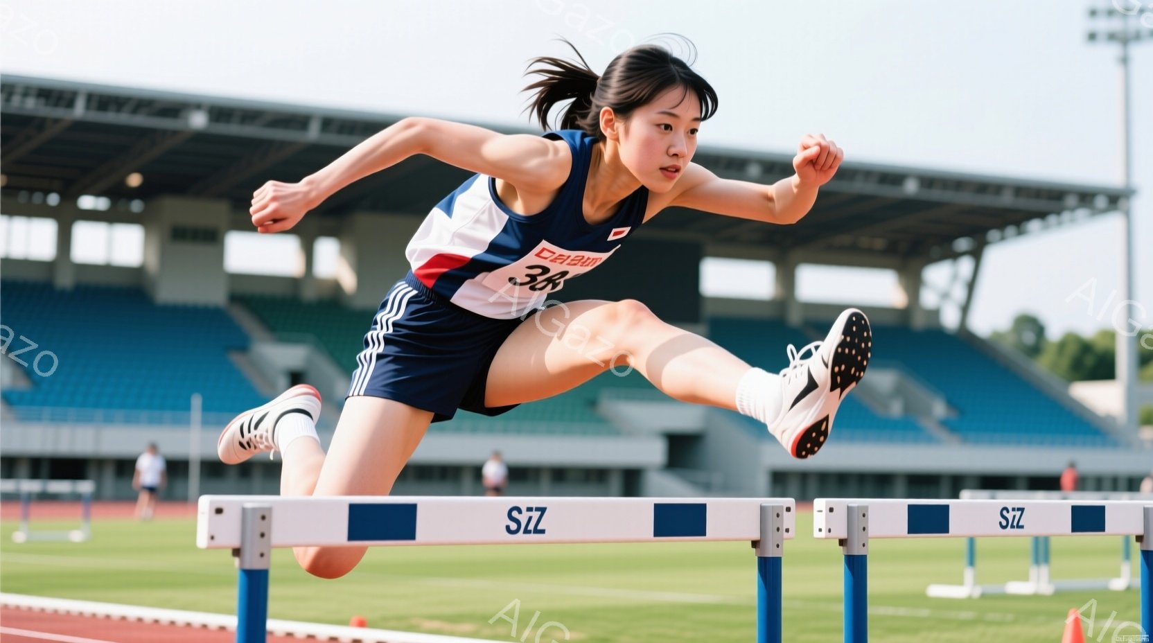 競技場を疾走する女性のハードル走の瞬間を捉えた写真です。彼女は紺色のタンクトップに紺色の短パン姿で、左胸に「日本」と書かれたワッペンをつけています。空は晴れ渡り、背景には観客席と緑豊かな自然が見え、躍 - AI生成フリー素材