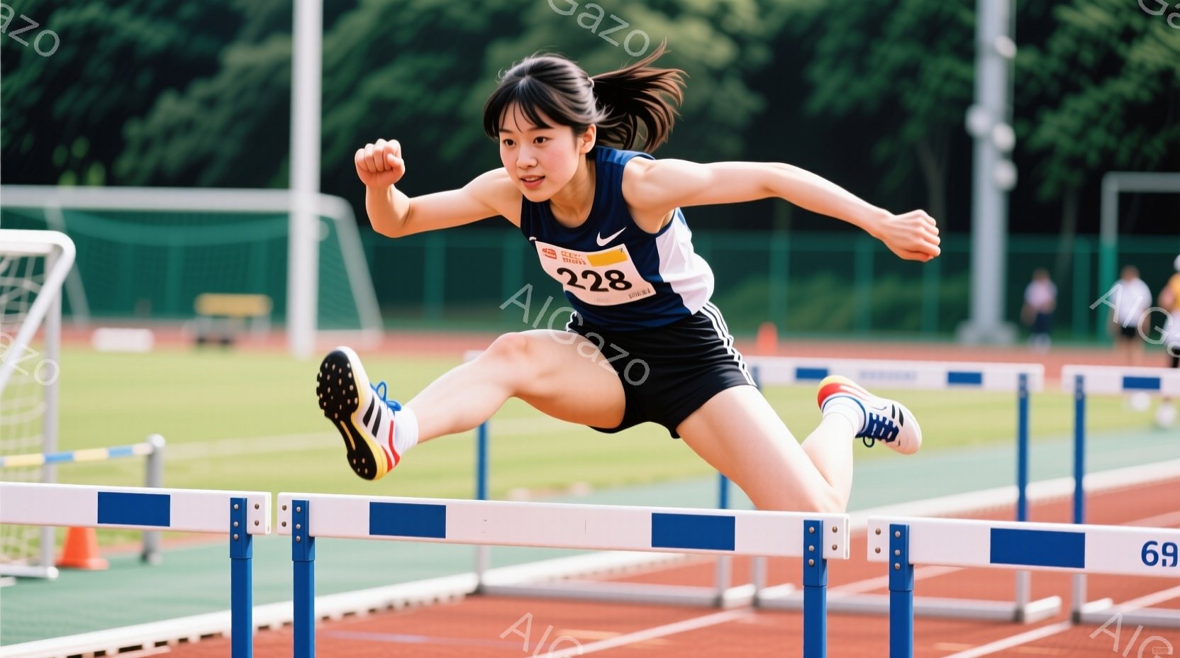 陸上競技場でハードルを跳ぶ女性アスリートが写っている。彼女は黒のランニングウェアと紺色のヘアバンドを身に着け、髪はポニーテールにまとめられている。背景には緑豊かな芝生と、ぼやけた建物が見え、晴れた日の活気ある競技の雰囲気が伝わってくる。