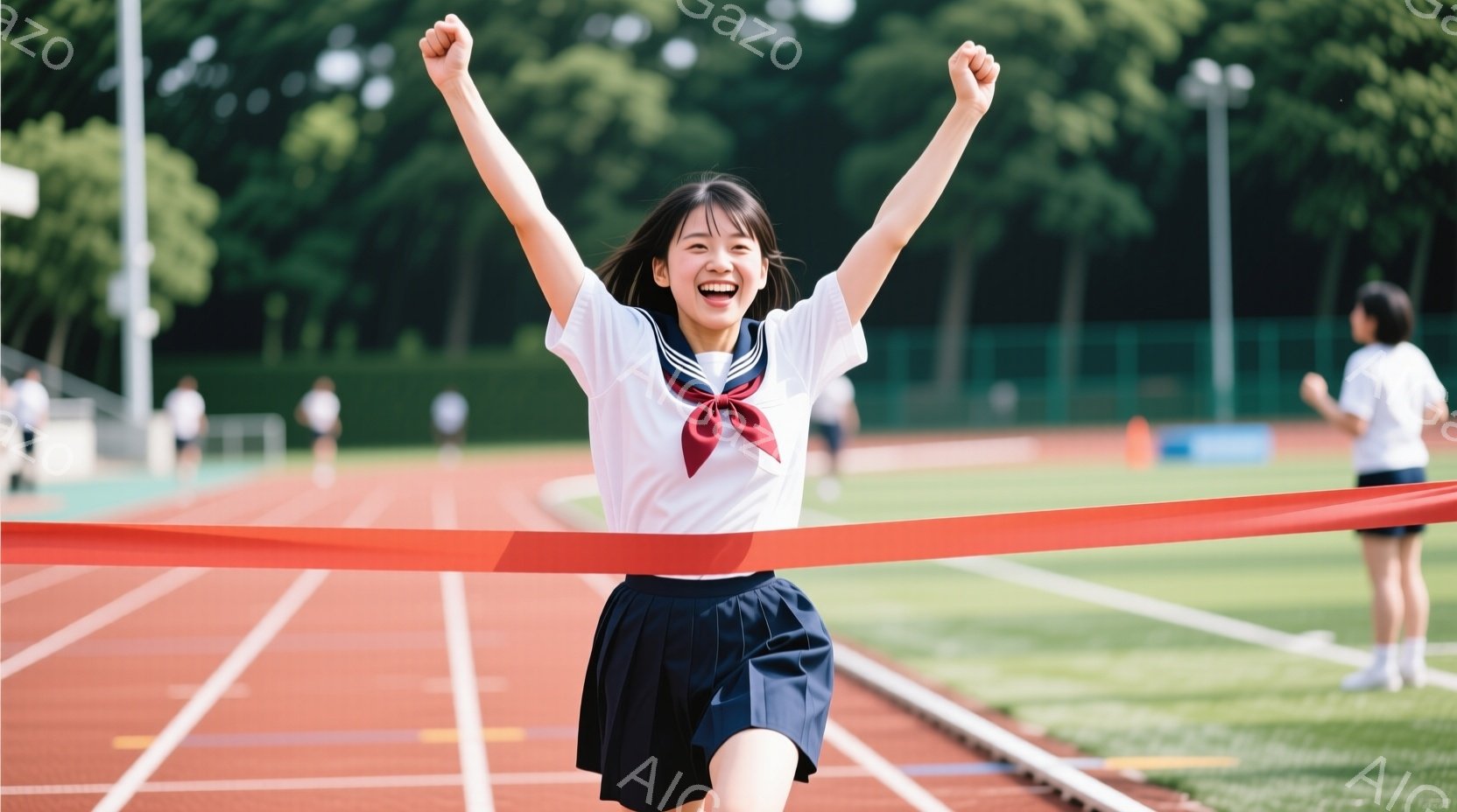 制服姿の女子高生が、フィニッシュラインを駆け抜けている様子が写っている。彼女は両手を高く上げ、満面の笑顔で喜びを表現しており、黒いスカートと白いブラウス、赤いリボンが印象的だ。背景にはトラック競技場と - AI生成フリー素材