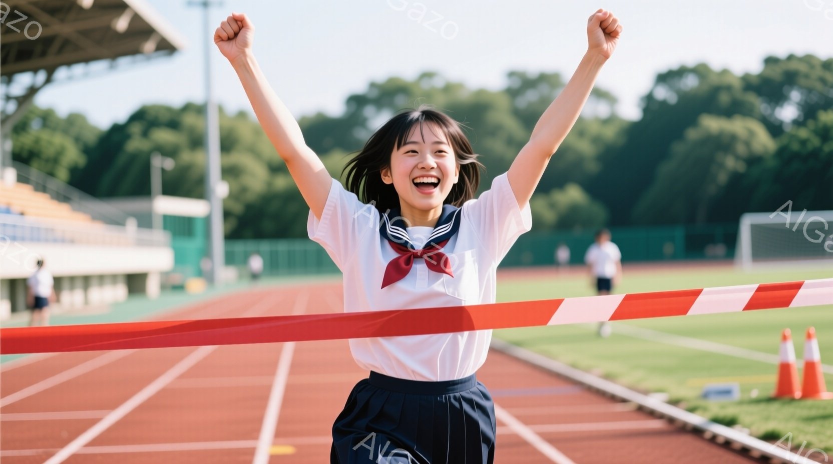 紺色のスカートと白いブラウスの制服を着た女子高生が、トラックのフィニッシュラインを突破した瞬間に両手を高く上げ、満面の笑みを浮かべている。背景には緑の芝生、オレンジ色のコーン、そして観客席が見え、晴れ - AI生成フリー素材