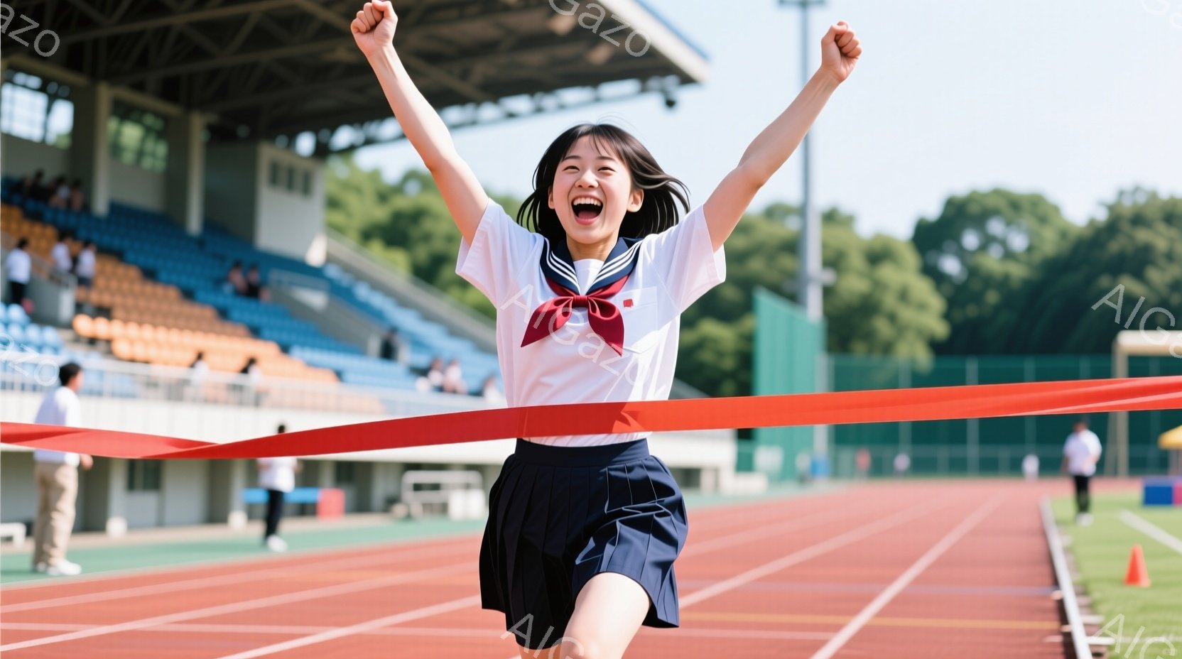競技場で、制服を着た若い女性がゴールテープを切っている様子が写っています。彼女は紺色のプリーツスカートと白いブラウスにネクタイを締め、両腕を高く上げて歓喜しています。背景には観客席や緑豊かな木々が見え - AI生成フリー素材