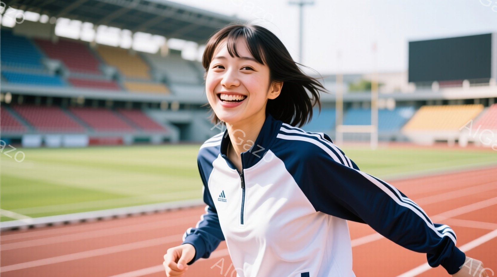 黒いランニングウェアと短パンを着用した若い男性が、陸上競技場のスタートラインに構えている。彼の表情は真剣で集中しており、両手は地面につき、スタートの姿勢をとっている。背景には観客席が広がり、競技場全体が明るい光に包まれており、競技への緊張感と熱気が伝わってくる。