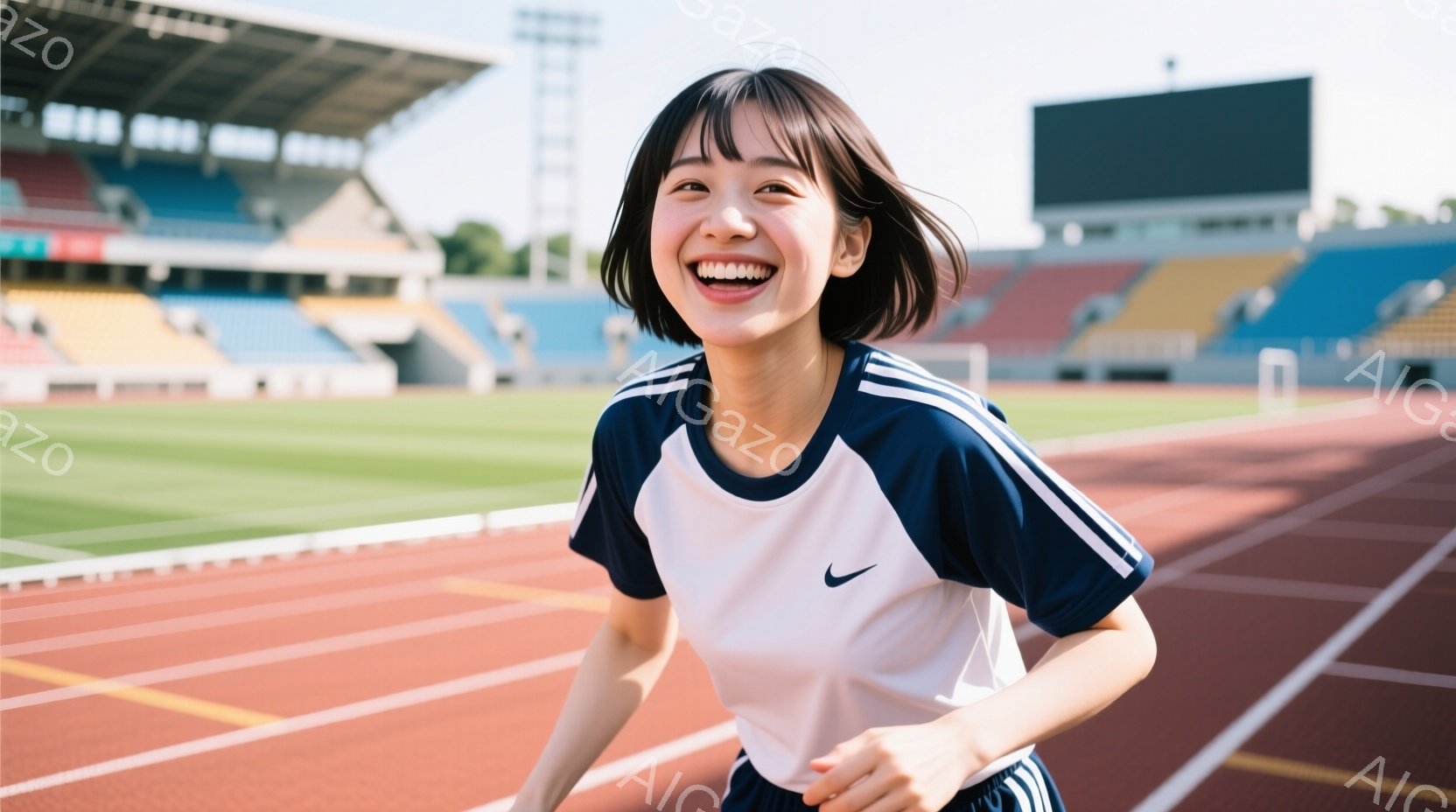短い髪の女性が、競技場のトラック上で笑顔で走っている。白い襟と青いラインの入ったスポーツウェアと、ショートパンツ姿で、健康的でアクティブな印象を与える。背景には観客席と青空が広がり、明るく爽やかな雰囲気が漂っている。