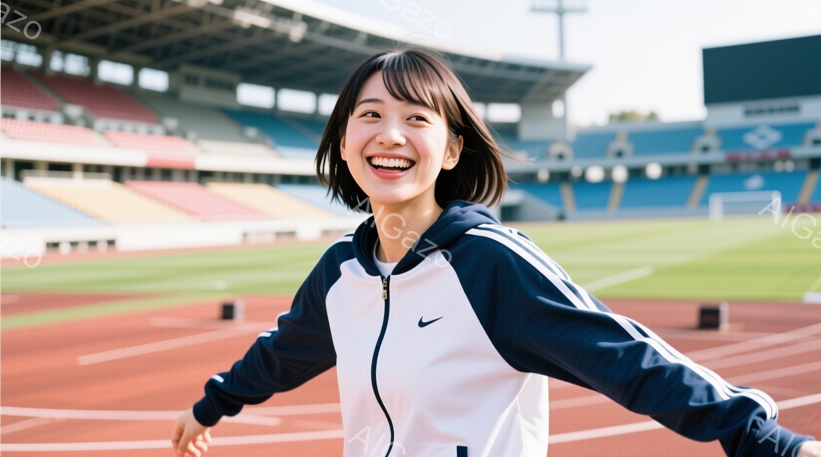 短い髪の女性が、競技場のトラックで両手を広げて笑顔で立っている。白いジャケットにネイビーのラインが入り、スポーティーな装いをしている。背景には観客席と緑の芝生、そして晴天の空が広がり、明るく活気のある - AI生成フリー素材