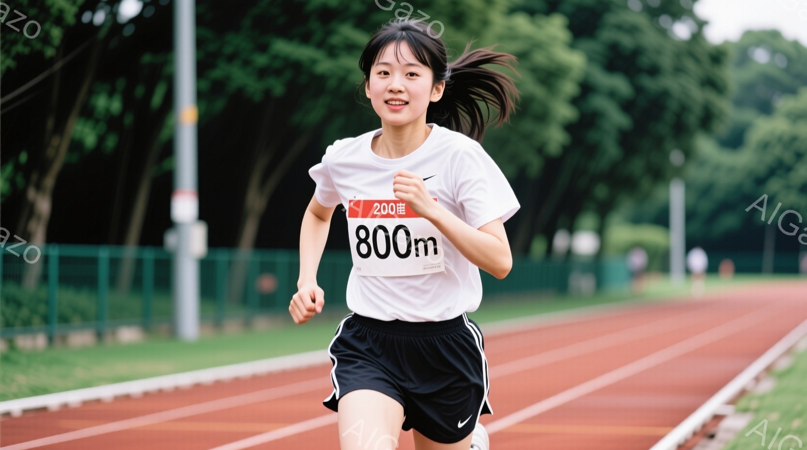 競技場で走る若い女性が写っています。彼女は白いTシャツに黒い短パン姿で、髪はポニーテールに結ばれており、顔には決意に満ちた表情が浮かんでいます。背景には緑豊かな木々とトラックがあり、晴れた日の競技場の - AI生成フリー素材