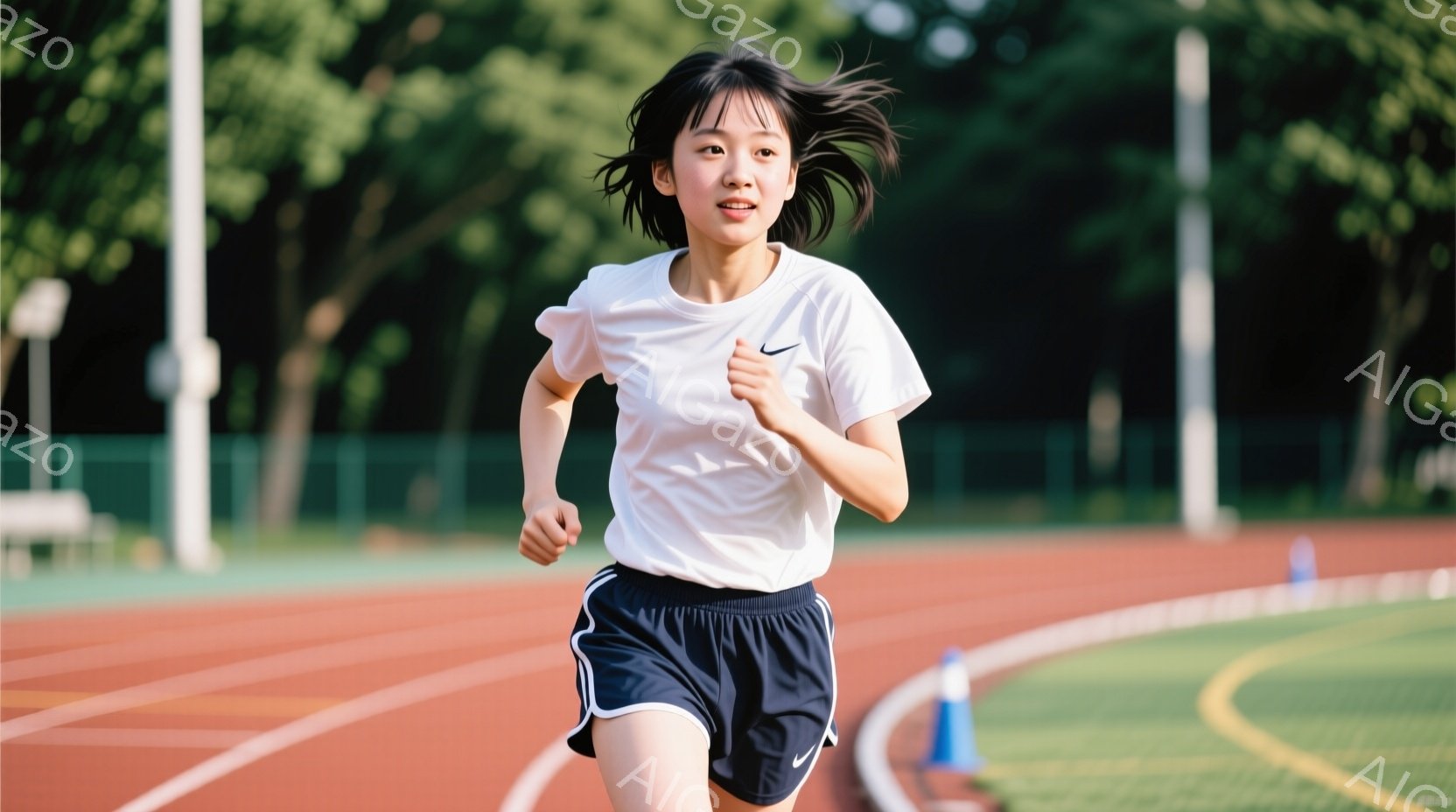 短距離走者がトラックを疾走している様子が捉えられています。黒髪で引き締まった体格の彼は、黒いショーツと白いタンクトップ姿で、集中した表情で前を見据えています。背景には緑色の観客席と、赤いトラックが広が - AI生成フリー素材