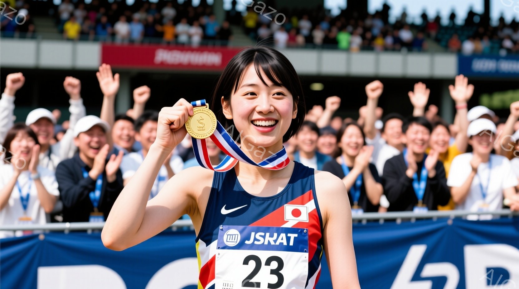 日本の女性マラソン選手が金メダルを首にかけて笑顔で立っている様子を捉えています。彼女は白いタンクトップに日本の旗のマーク、黒いショートパンツ、そして背番号「23」の入ったユニフォームを着用し、髪はポニーテールに結ばれています。背景には観客席が広がり、多くの人々が彼女を祝福している様子が伺え、活気に満ちたお祝いの雰囲気が漂っています。
