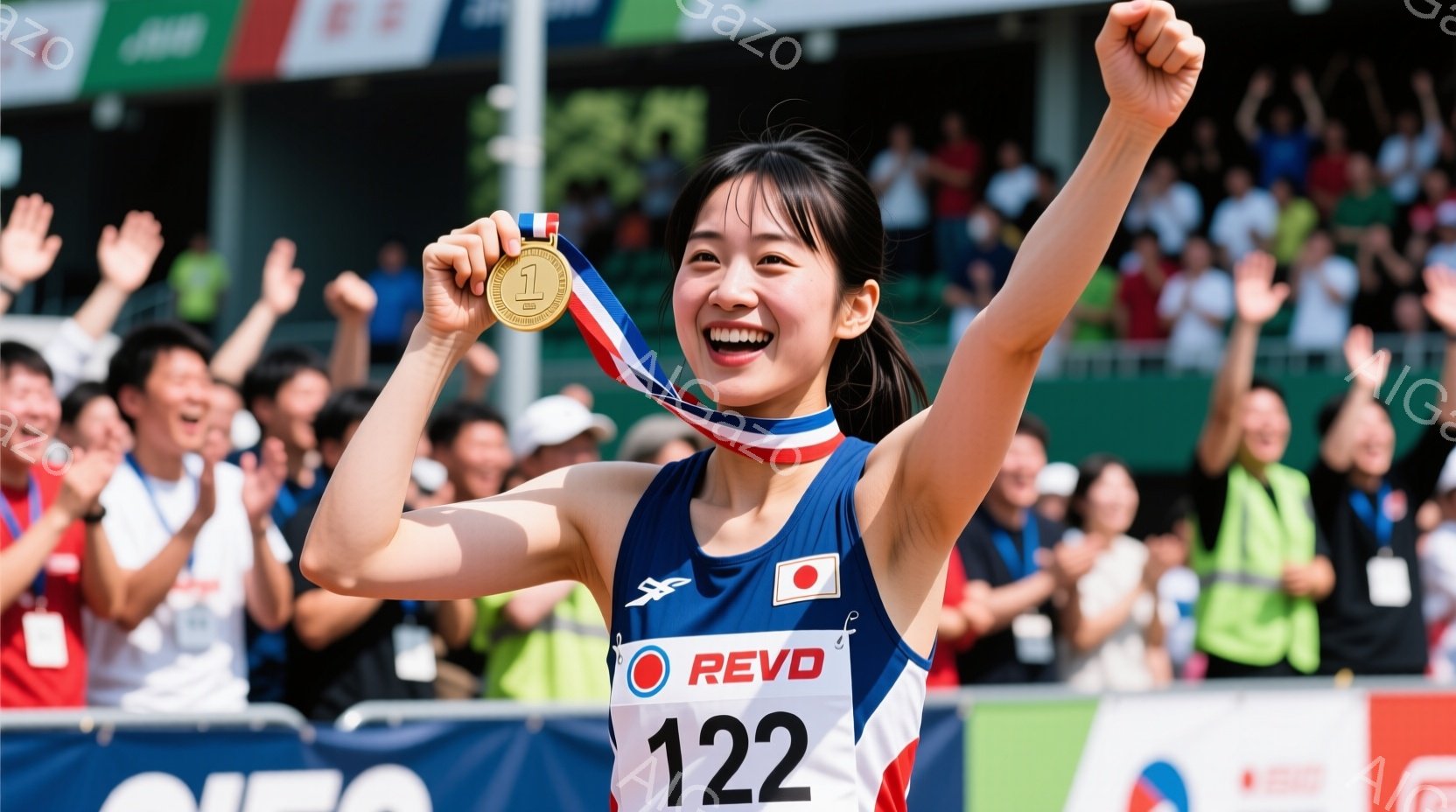 競技場で、日本の女性選手が勝利を喜び、両手を高く上げています。彼女は赤いビブス、黒いショートパンツ、そして日本の旗がついたメダルを首にかけており、満面の笑みを浮かべています。背景には観客席が広がり、多くの人々が彼女の勝利を祝福している様子が伺えます。