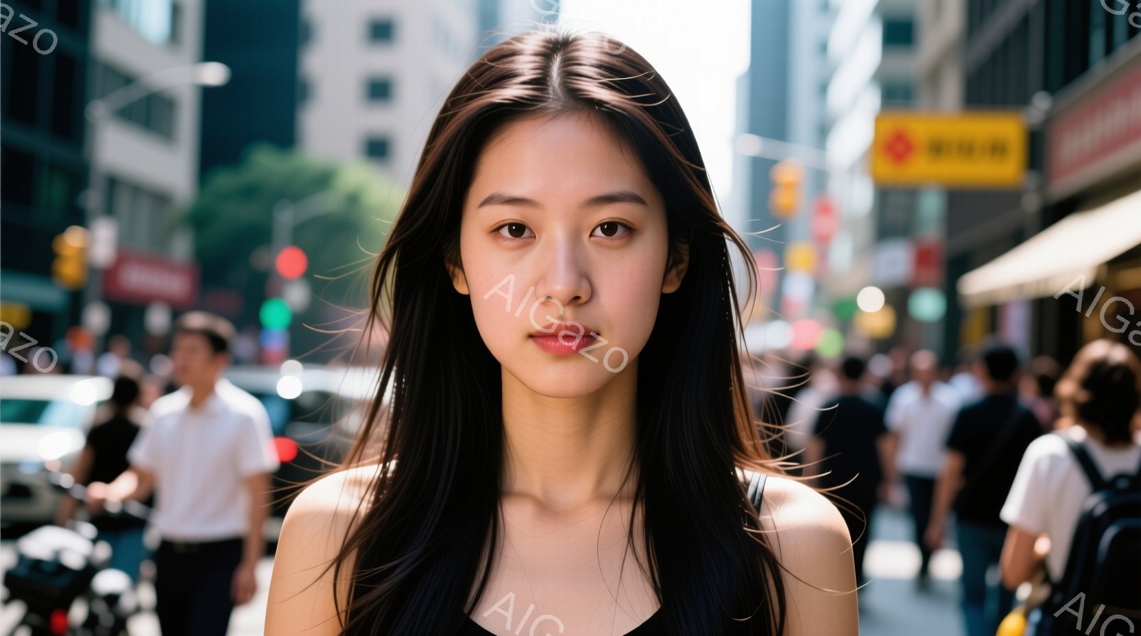 長い黒髪をなびかせた若い女性が正面を見据えています。彼女は黒いキャミソールを着ており、表情は穏やかで、少し微笑んでいるように見えます。背景には、高層ビルが立ち並び、多くの人が歩いている賑やかな都市の通 - AI生成フリー素材