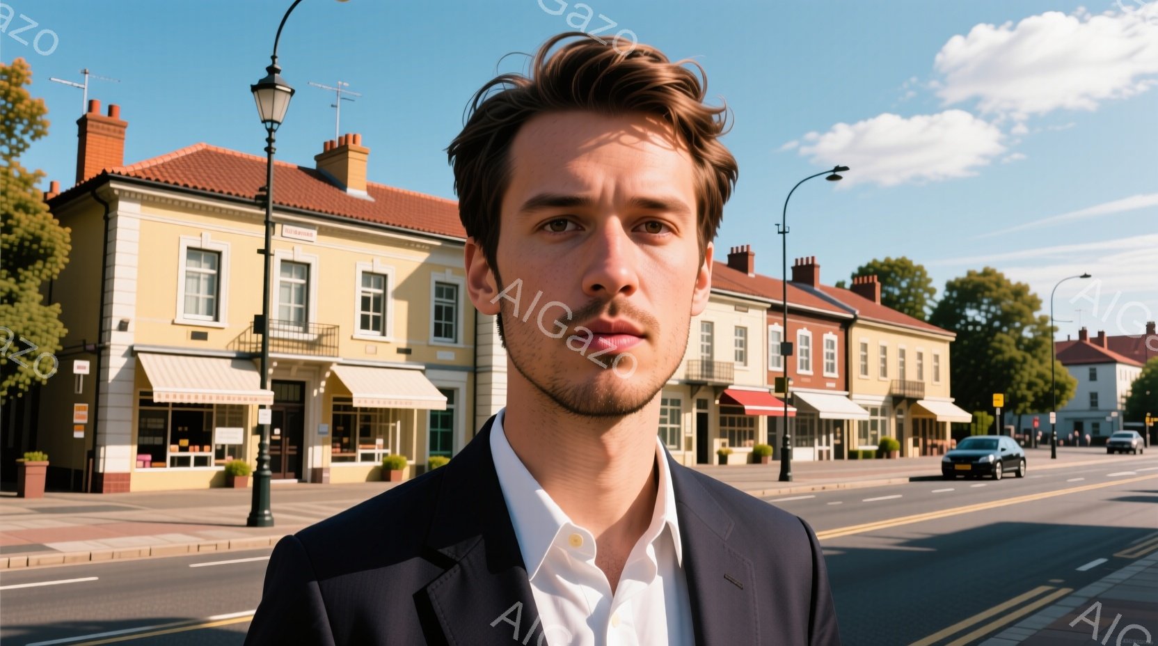 若い男性が、紺色のスーツジャケットと白いシャツを着て、カメラの方を見ています。彼は整った髭と、軽くカールした髪を持ち、表情は真剣で落ち着いています。背景には、レンガ造りの建物が並び、晴れた空の下、緑豊 - AI生成フリー素材