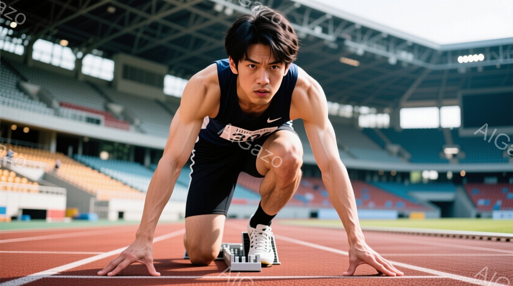 黒い陸上競技用のユニフォームと短パンを着用した男性が、スタートラインに構える様子が写っている。彼は集中した表情で前方に視線を向け、膝を曲げ、腕を伸ばして、スタートの合図を待っている。背景には、観客席が広がり、トラックの赤いレーンが続いている。