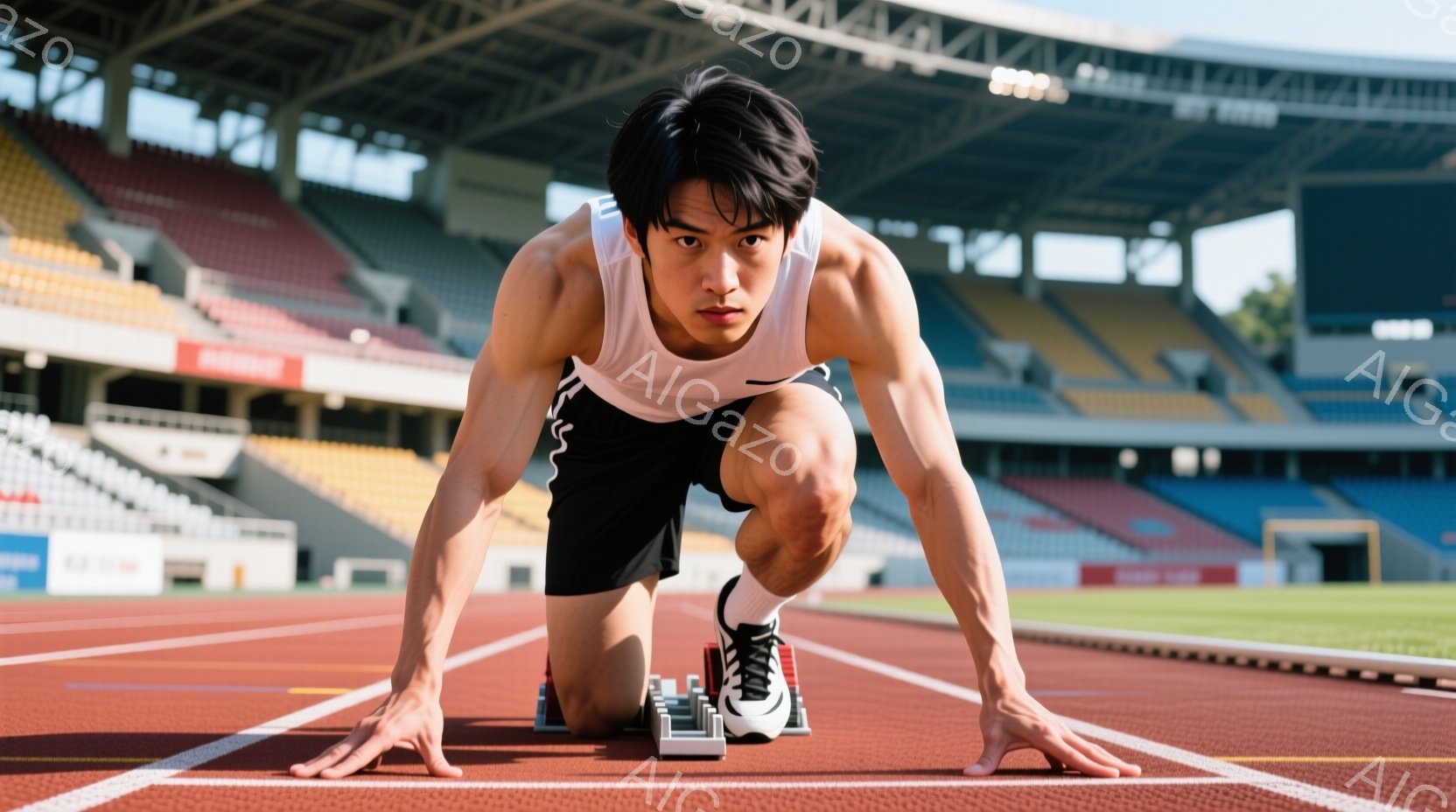 競技場内のトラック上に、短距離走の選手がスタートの姿勢でうかがんでいる。彼は黒いショートパンツと白いタンクトップを着用し、赤いスパイクシューズを履いている。背景には観客席が見え、晴天のもと、競技への緊 - AI生成フリー素材