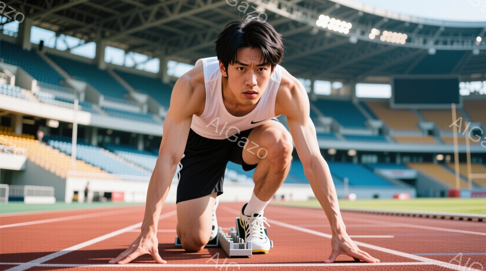 短距離走者がスタートラインに構える姿が写っている。彼は白いタンクトップと黒い短パン、白いソックスとスニーカーを着用し、集中した表情で前を見据えている。背景には観客席が広がり、トラック競技場であることが - AI生成フリー素材