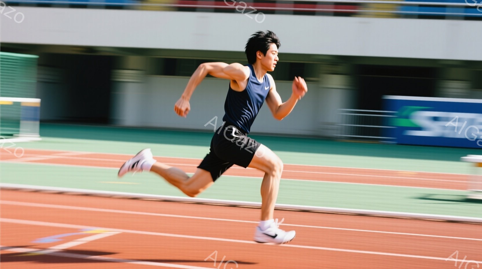 競技場で疾走する男性の姿が捉えられています。彼は黒のタンクトップと短パンを着用し、白いソックスとランニングシューズを履いています。背景にはトラックと観客席の一部が見え、運動場の室内競技場であることがわかります。