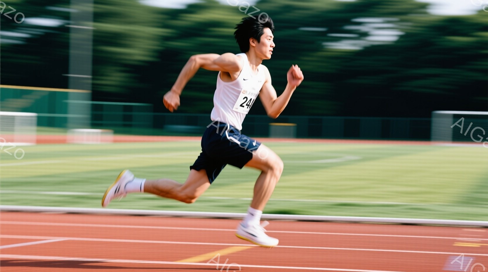 短い黒髪の男性が、トラックを全力で走っている姿が捉えられている。白いタンクトップと黒いショートパンツ、そして白いスニーカーを着用し、競技番号の「24」が書かれたゼッケンをつけている。背景には緑の芝生と - AI生成フリー素材