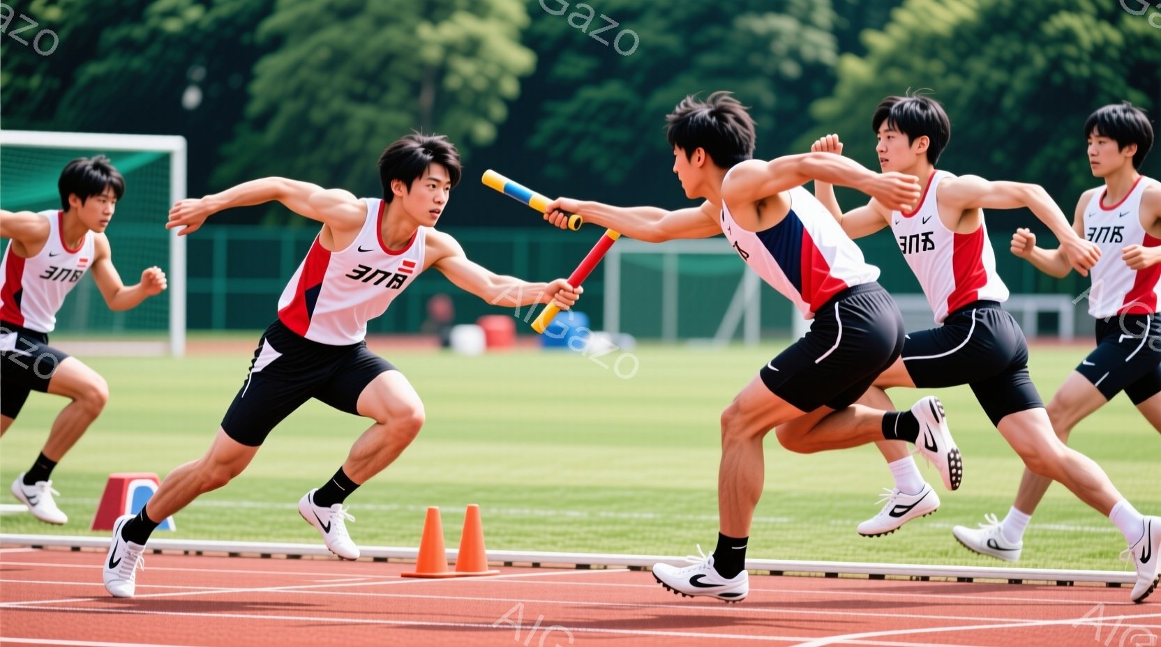 複数の若い男性が陸上競技場でリレーのバトンを渡している様子が写っている。彼らは皆、黒の短パンと「三」と書かれた白い上着を着ており、黒髪で、真剣な表情で走っている。背景には緑の芝生、オレンジ色のコーン、 - AI生成フリー素材