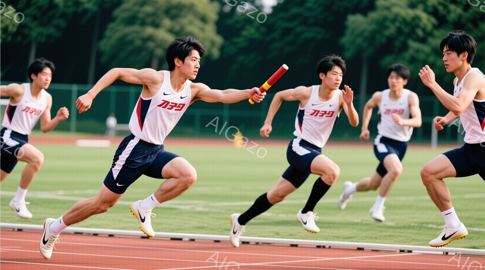 複数の若い男性が陸上競技場でリレー競争をしている様子が写っている。彼らは皆、青い短パンと白いタンクトップ（胸にロゴ入り）を着ており、走りながら力強い表情をしている。背景には緑豊かな木々や建物が見え、晴 - AI生成フリー素材