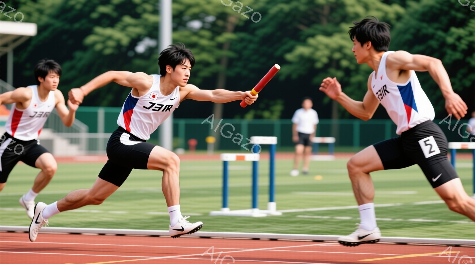 陸上競技場でリレーをしている若い男性たちが写っている。彼らは黒い短パンと、赤いラインが入った白いTシャツを着ており、スポーティーな印象を与える。背景には緑豊かな木々が見え、晴れた日の活気ある競技風景が - AI生成フリー素材