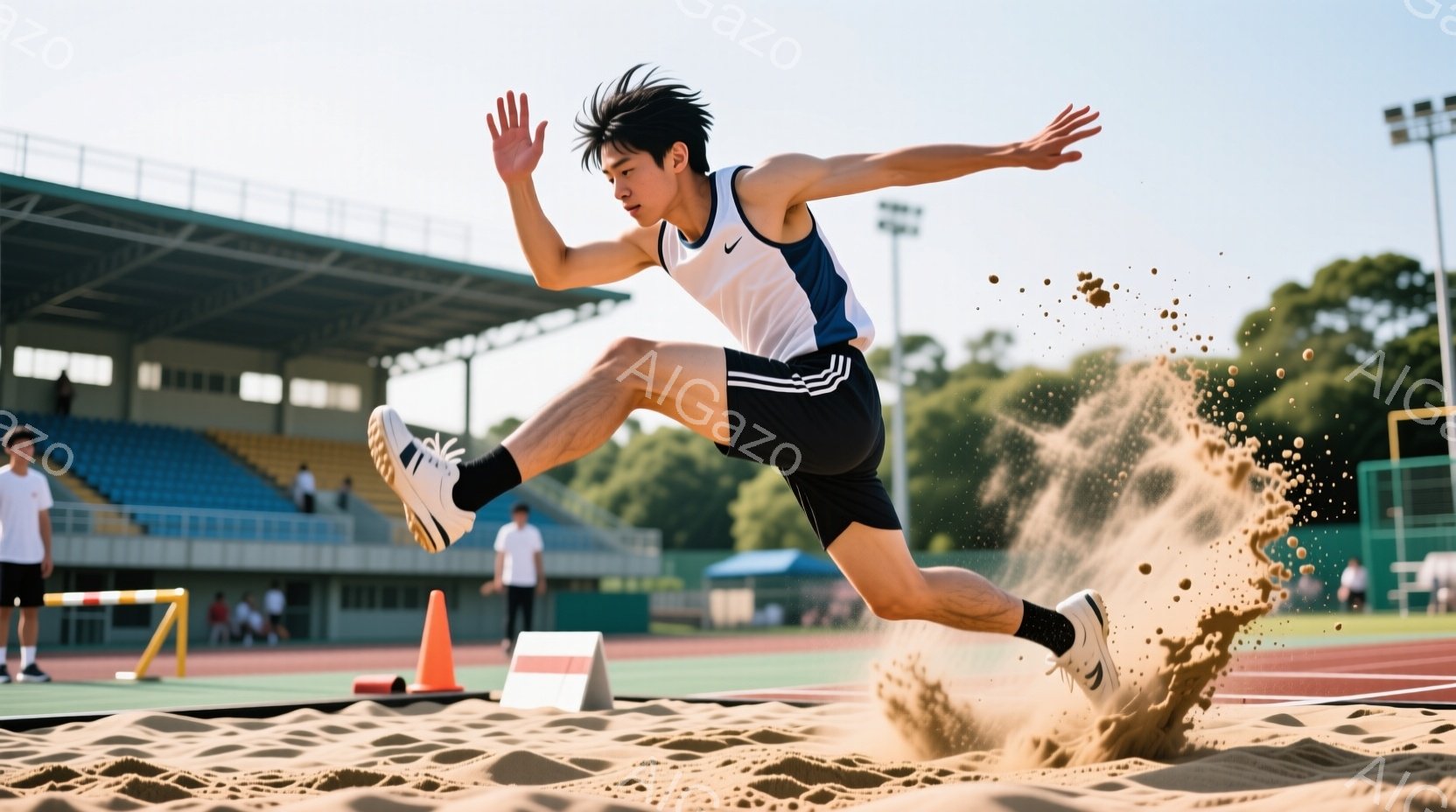 競技場では、若い男性が空中でジャンプしている様子が捉えられています。彼は黒いショーツと白いタンクトップ姿で、髪は短く整えられ、躍動感のある姿勢で砂場に飛び込もうとしています。背景には観客席や緑豊かな木々が見え、晴天の下で活気あるスポーツの瞬間を切り取っています。
