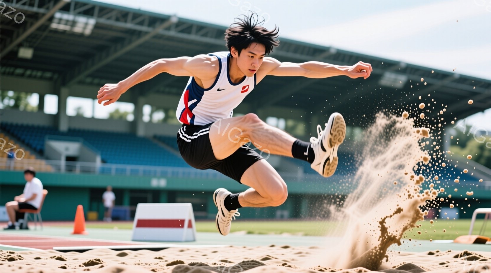 若い競技者が砂場を飛び越える瞬間を捉えた写真です。彼は白地に赤と青のラインが入ったユニフォームを着用し、短く整えられた黒髪で、力強い表情で空中に身を躍らせています。背景には観客席と緑豊かな風景が広がり - AI生成フリー素材