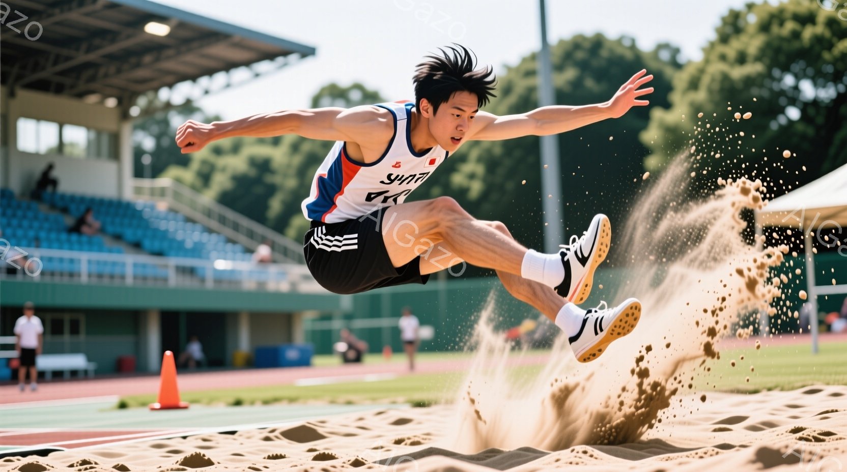 長い髪を後ろで束ねた若い男性が、砂場に飛び込む瞬間を捉えた写真です。青と赤の縞模様が入ったユニフォーム姿で、力強く腕を伸ばし、空中で体を大きく開いています。背景には観客席や緑の芝生、そして晴れた空が広 - AI生成フリー素材