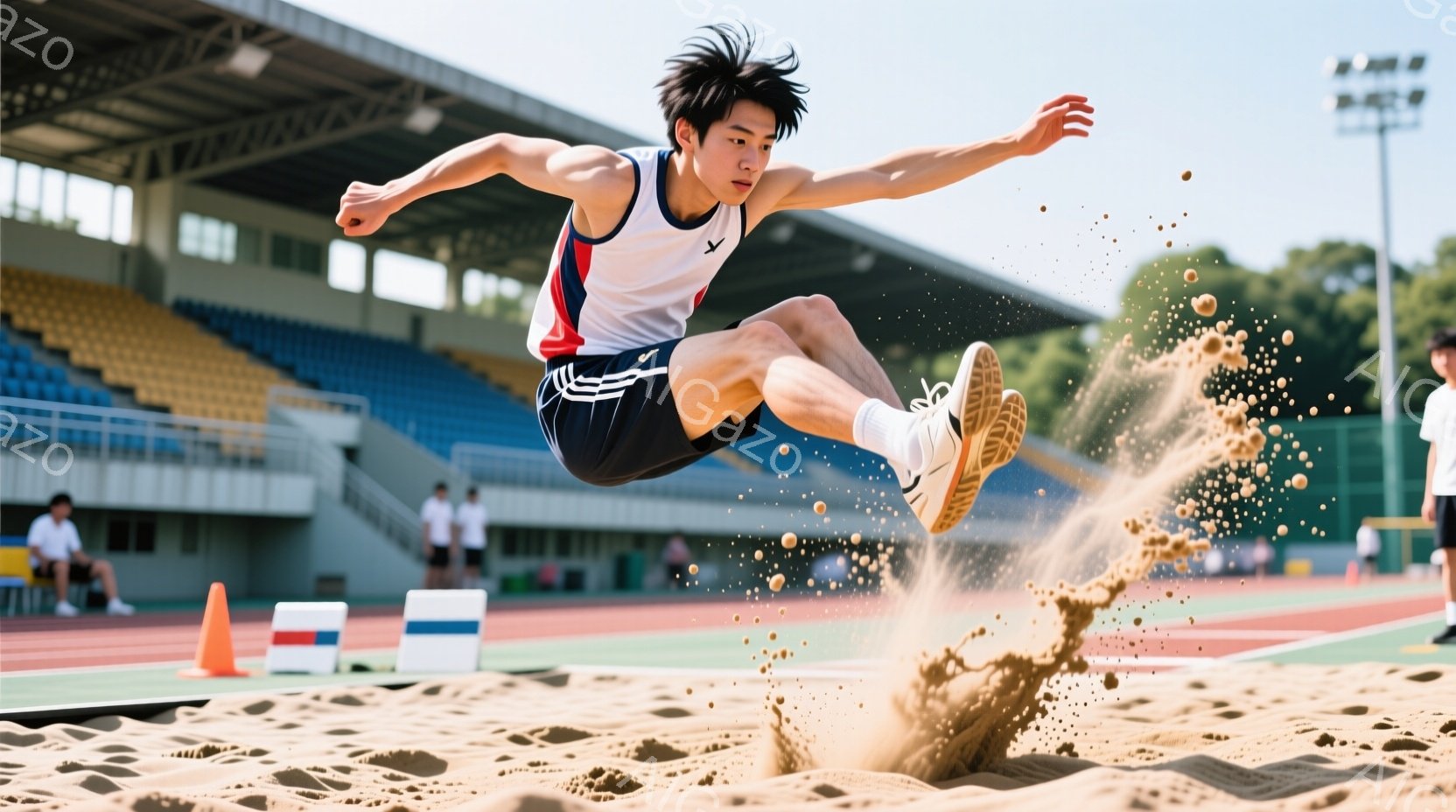 長い黒髪の陸上競技選手が、砂場に飛び込む瞬間を捉えた写真です。白地に青と赤のラインが入ったシャツと紺色の短パンを着用し、集中した表情で空中で体を大きく広げています。背景には観客席と緑豊かな風景が広がり - AI生成フリー素材