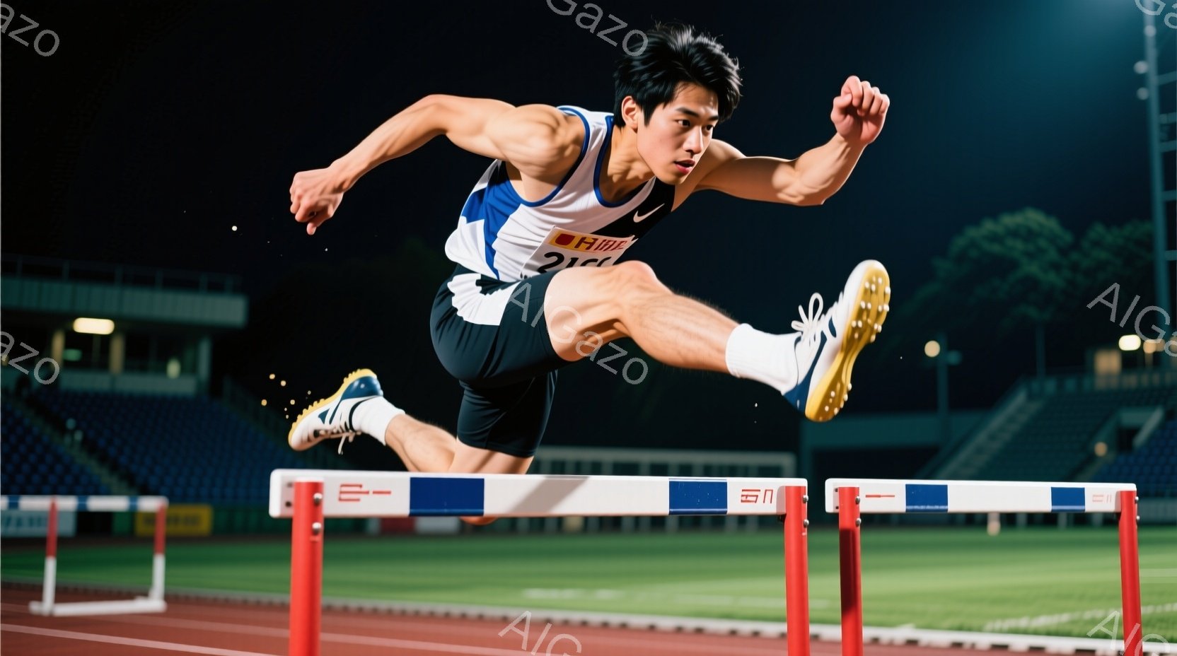 競技者はハードルを飛び越える瞬間を捉えられており、黒髪で引き締まった表情をしている。青と黒のスポーティなユニフォームと、オレンジ色のスパイクシューズを身につけている。背景には夜間のスタジアムの観客席とトラックが見え、躍動感あふれる競技の雰囲気が伝わってくる。
