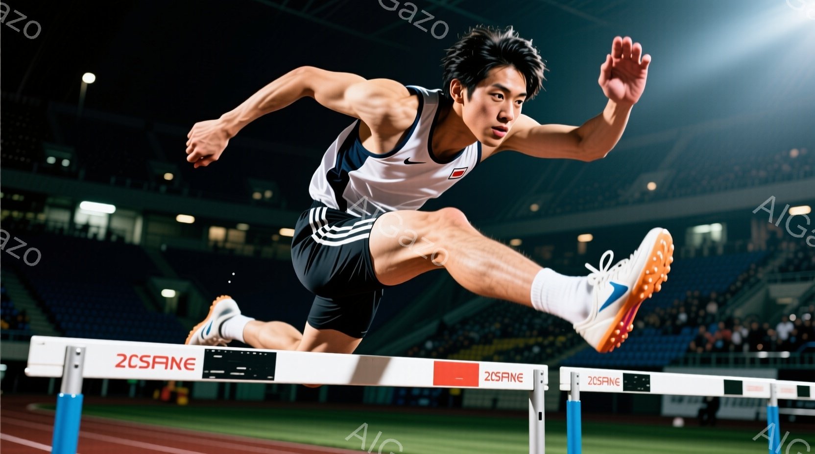 競技場を疾走する男性アスリートが写っている。彼は日本の国旗の模様が入ったユニフォーム姿で、高いハードルを飛び越えようとしている。背景には観客席が見え、競技場の照明が明るく照らし出されている。 - AI生成フリー素材