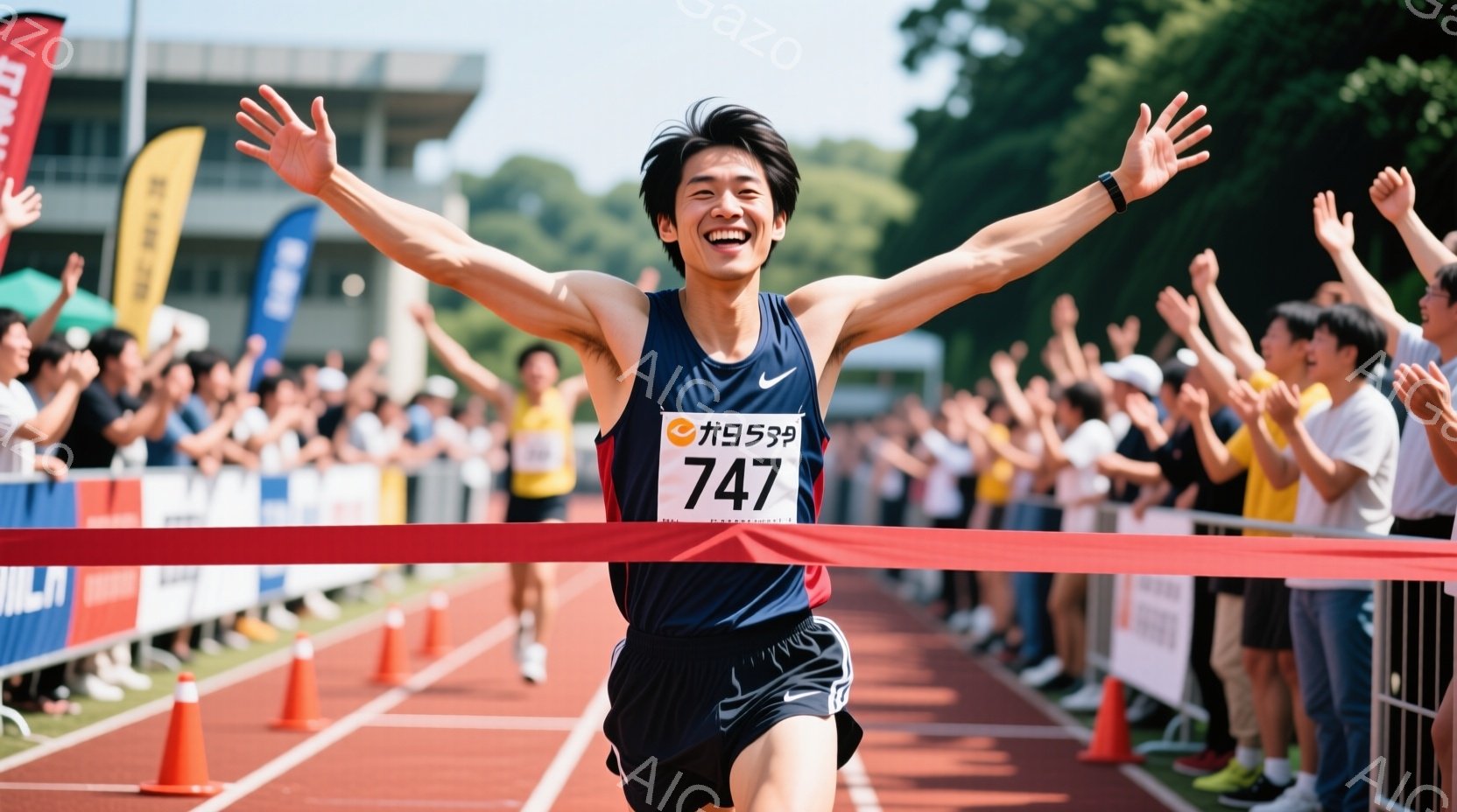 競技者がフィニッシュラインを駆け抜け、両手を高く上げて歓喜している姿が写っている。彼は黒のランニングシャツと短パンを着用し、短髪で、満面の笑みを浮かべている。背景には観客席や緑豊かな自然、そして晴天の - AI生成フリー素材