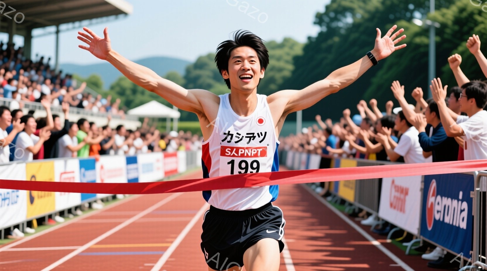 競技場でゴールテープを切った若い男性ランナーが写っている。彼は赤いタンクトップに黒いショートパンツを着用し、髪は短く整えられている。背景には観客席と緑豊かな自然が広がり、晴天の下、勝利の歓喜に満ちた瞬間を捉えている。