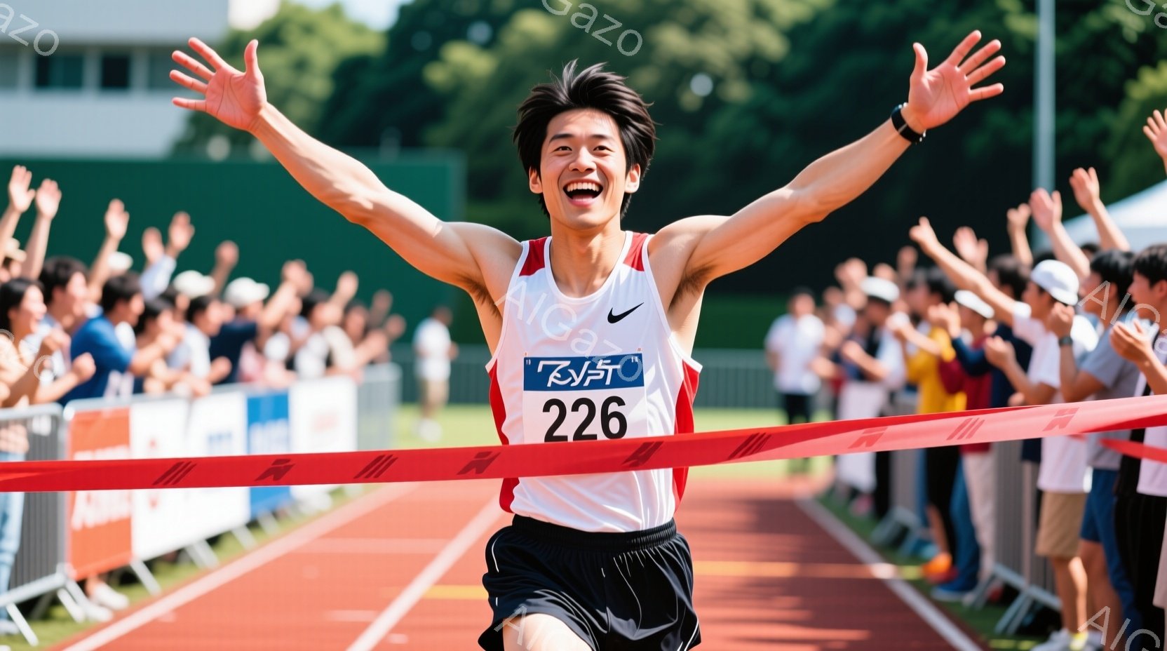 競技場のトラックを走る若い男性ランナーが、ゴールテープを切る瞬間に両手を高く上げ、満面の笑みを浮かべている。彼は白いランニングシャツに黒い短パンを着用し、黒髪を短く整えている。背景には観客席と建物が見 - AI生成フリー素材