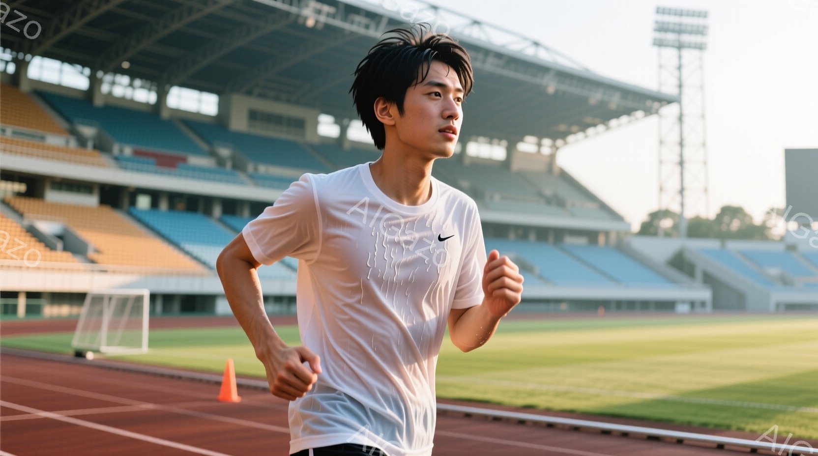 競技場のトラックを走る男性が写っている。白いTシャツと黒いショーツを着用し、短髪で引き締まった表情をしている。背景には青と黄色の観客席と緑のフィールドが広がり、晴天の下、活気のあるトレーニング風景が広がっている。